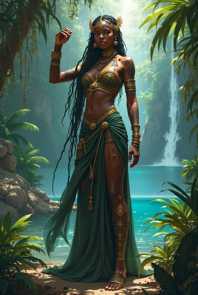 Create an illustration of the mermaid Iara from Brazilian folklore as a black indigenous warrior, black hair, curly waist length ponytail, with indigenous elements and indigenous tattoos on the face and body