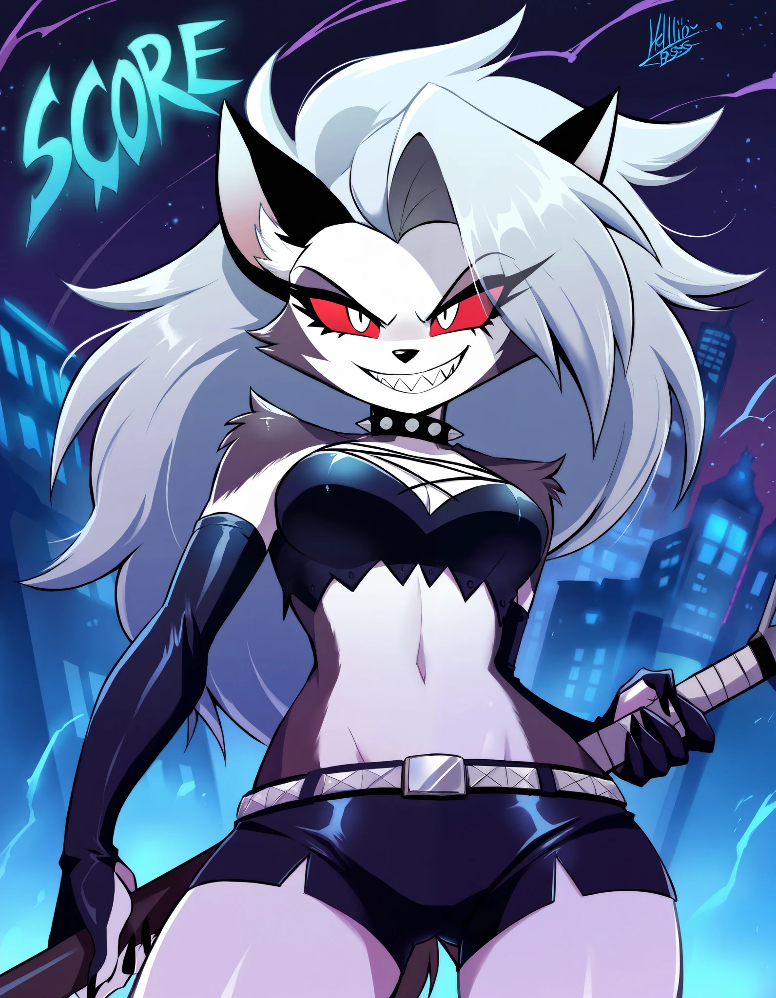loona \(helluva boss\), helluva boss, 1girl, solo, traditional media, safe, epic, sharp teeth, grin, detailed, cowboy shot, neon background, text LOONA in the background, very awa, masterpiece, best quality, high quality, newest, recent, year 2024, absurdres,