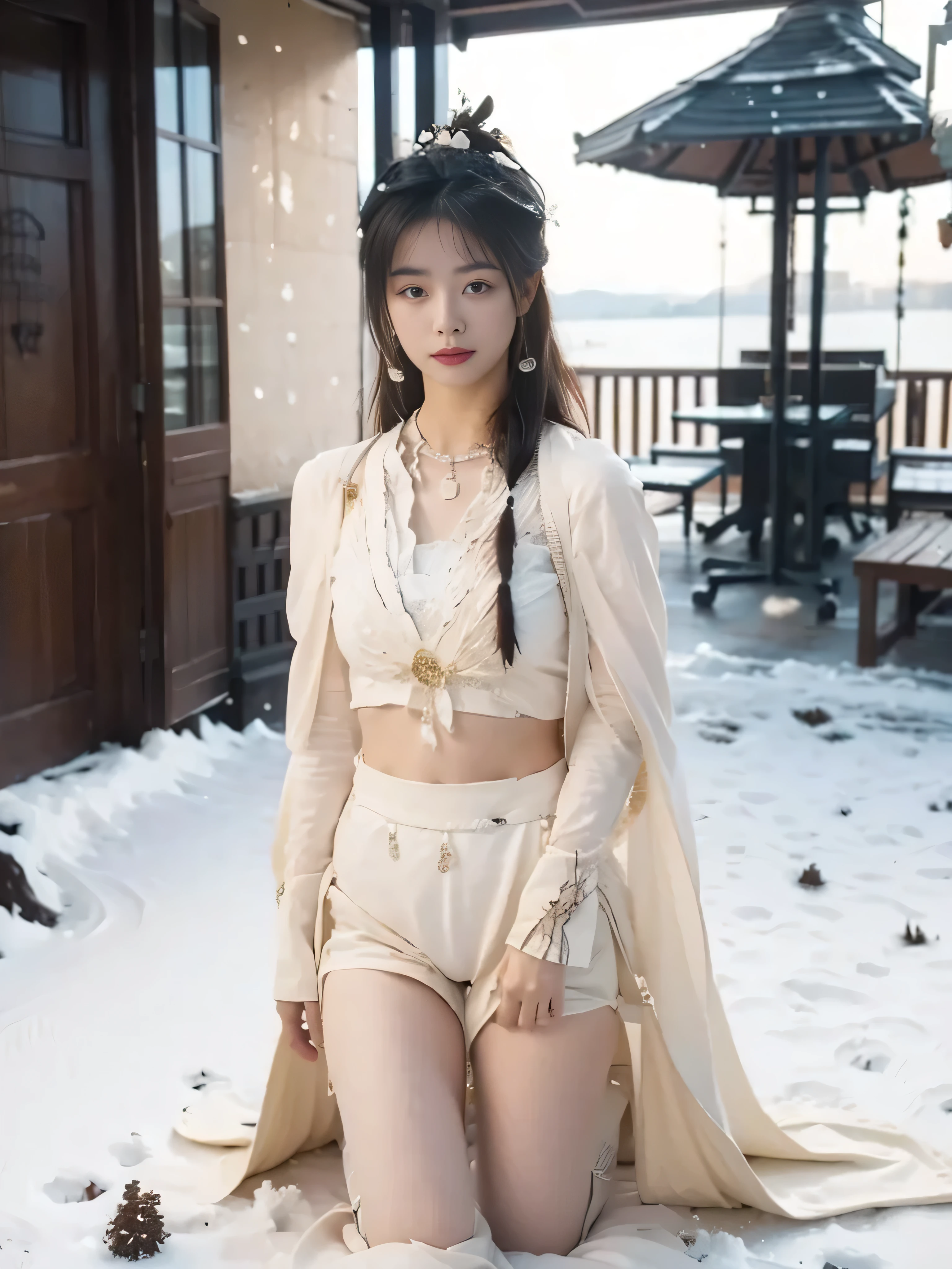  a beautiful girl， kneeling，Snow-white body