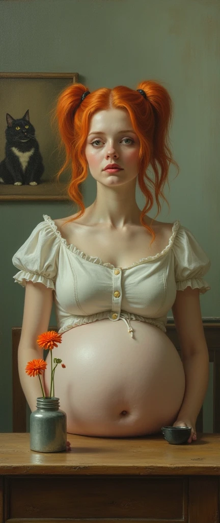 Ofelia's Dream, naked, pregnant, redhead Low saturation color photography, ancient, grunge, top light, masterful painting in the style of Anders Zorn | Marco Mazzoni | Yuri Ivánovich, Todd McFarlane, Alex Briclot, oil on canvas