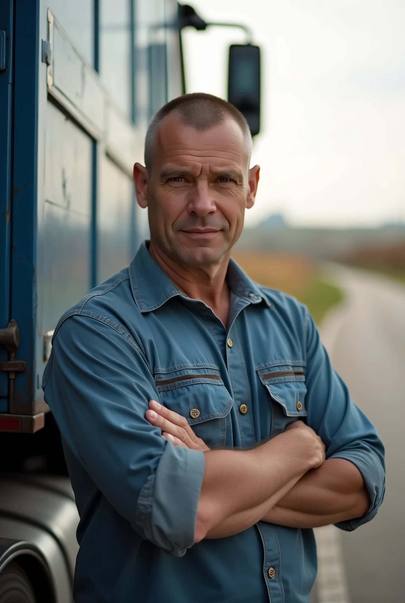 a handsome man kneeling in a junkyard by an old car