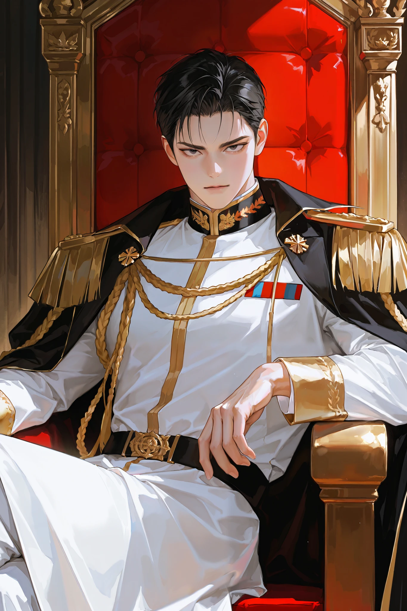 Mature male, (masculine:1.4), handsome, black hair, black eye, 1 man, short hair, male focus, looking at viewer, handsome man, Emperor, tired, sitting on throne, imperial uniform, royal cape, royal, stoic, stern expression, thickly painted, Korean comic style, semi-realistic art , semi-realistic art style, expressive brushstrokes, vibrant brushstrokes, impressionistic painting, realistic skin, realistic hair, realistic details, photo-realistic, high details