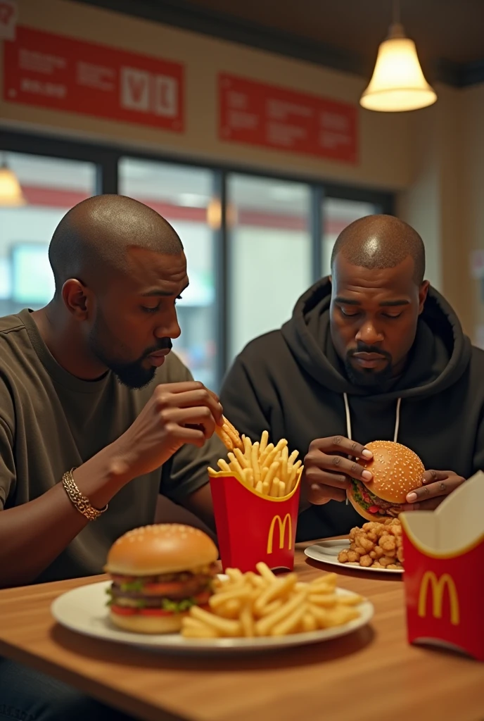 Kanye West lying on some fries in a world of hamburgers, hot dogs with lots of ketchup