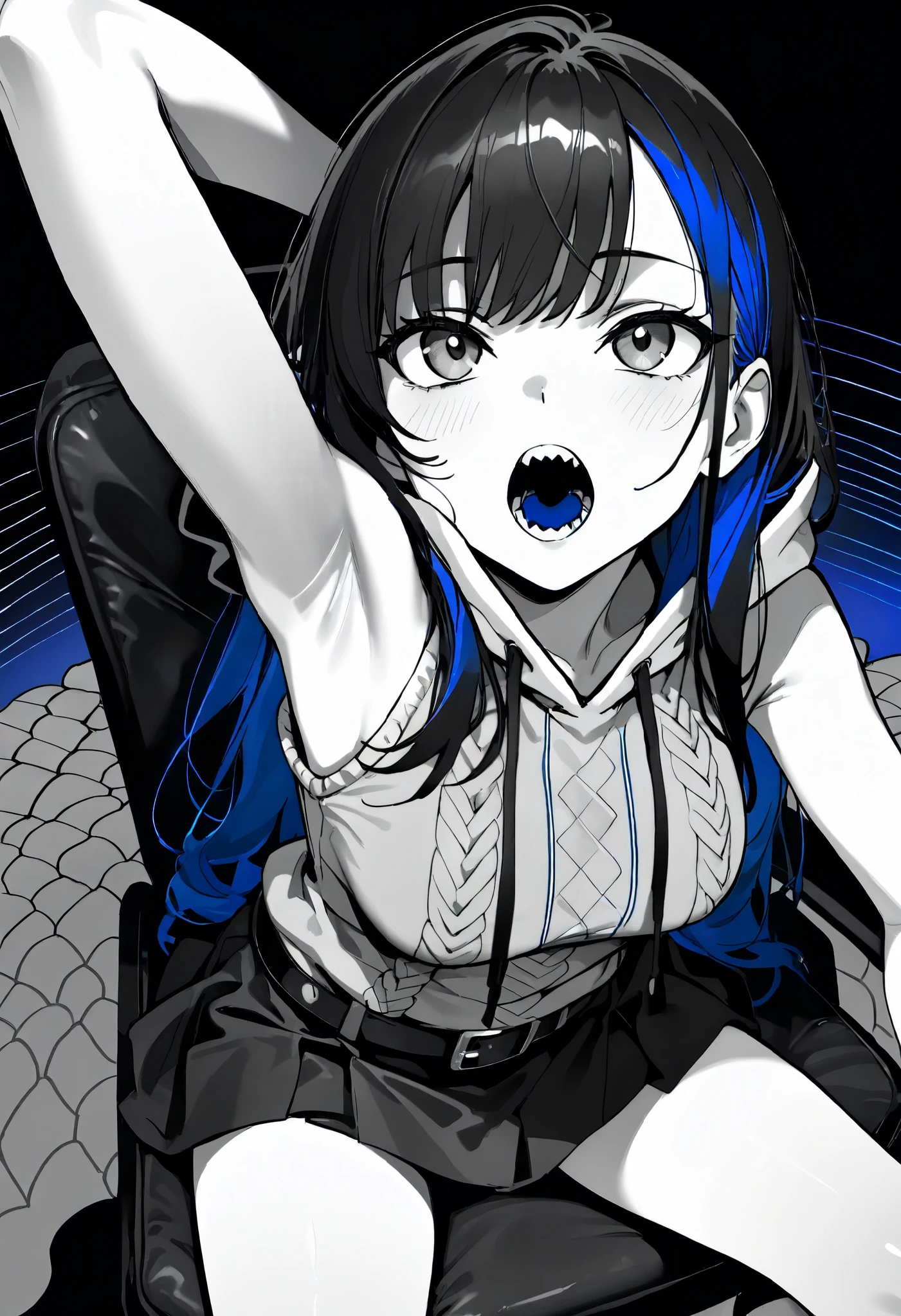 ultra detail, 8K High Resolution, ultra detail illustration, Sharp Shadow, Top Quality, upper arm, Shiny Skin, belly button, the above, Look up, sitting in a chair crossing legs , white skin, blue nails, slender body , Single women, 28 years old, black hair, long hair, Blue inner colored hair , medium sized breasts , ( sleeveless knit with a close-up view of the armpit: 1.6), (black belted skirt: 1.6), ( gray oversized hoodie: 1.6), ( Thin Thighs: 1.4), accentuated thighs , open your mouth wide, Beautiful Teeth, (black, Monochrome background: 1.4), detailed skin, stare at viewers, nsfw,
