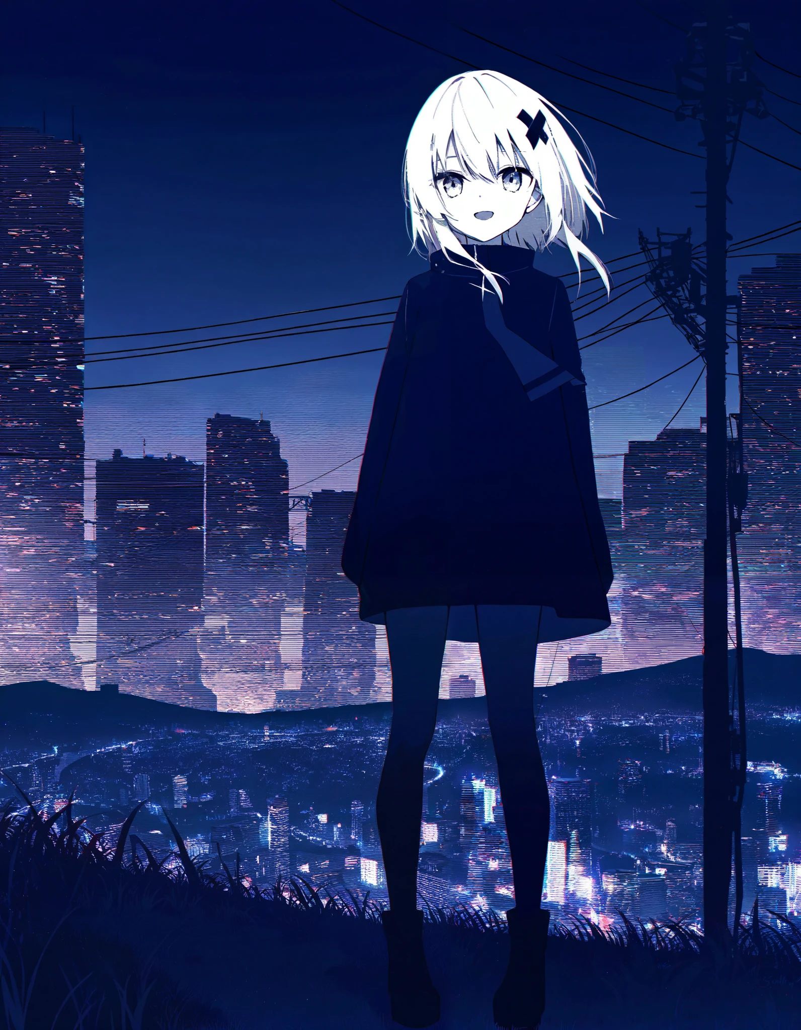 1girl, looking at viewer, full body shot, sleeves, full body, :d, glitch art, glitching, glitch, scanlines, monochrome, outdoors, power lines, wide shot, reddish sky, grass, hill, expressionless, x hair ornament, city lights in background, city in background, skyscraper in background, skyline, stylish, dark theme, very awa, masterpiece, best quality, high quality, newest, recent, year 2024, absurdres,
