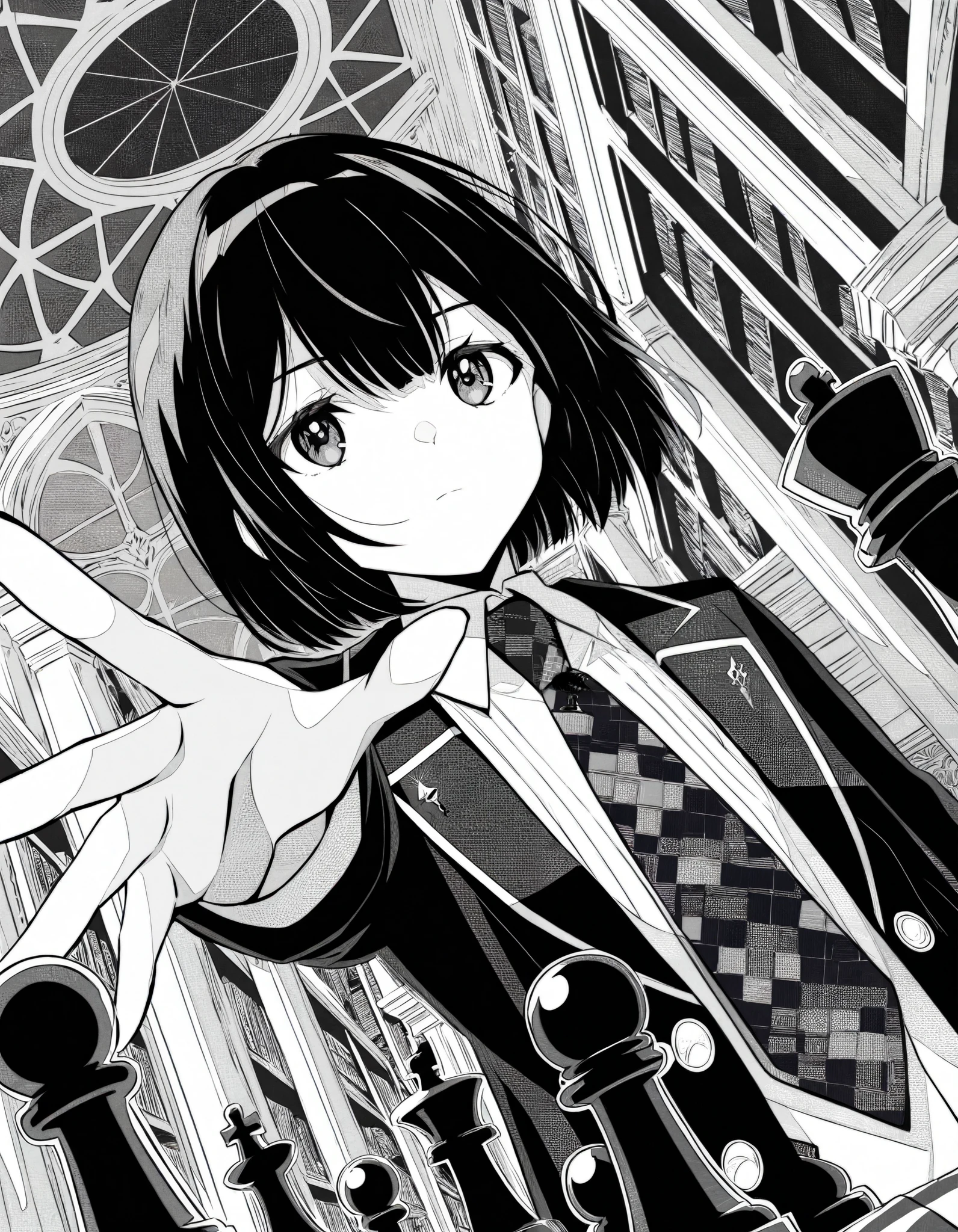 dutch angle, two-finger, upper body, perspective, chess piece, reaching, abstract chess piece, expressionless, solo, looking ahead, intense, 7A3IFRHPR_illu, ligne claire, monochrome, greyscale, partially colored, colorful_necktie, colorful_eyes, tareme, [greyscale background, unmoving pattern], library, domed ceiling, [dynamic pose] very awa, masterpiece, newest,