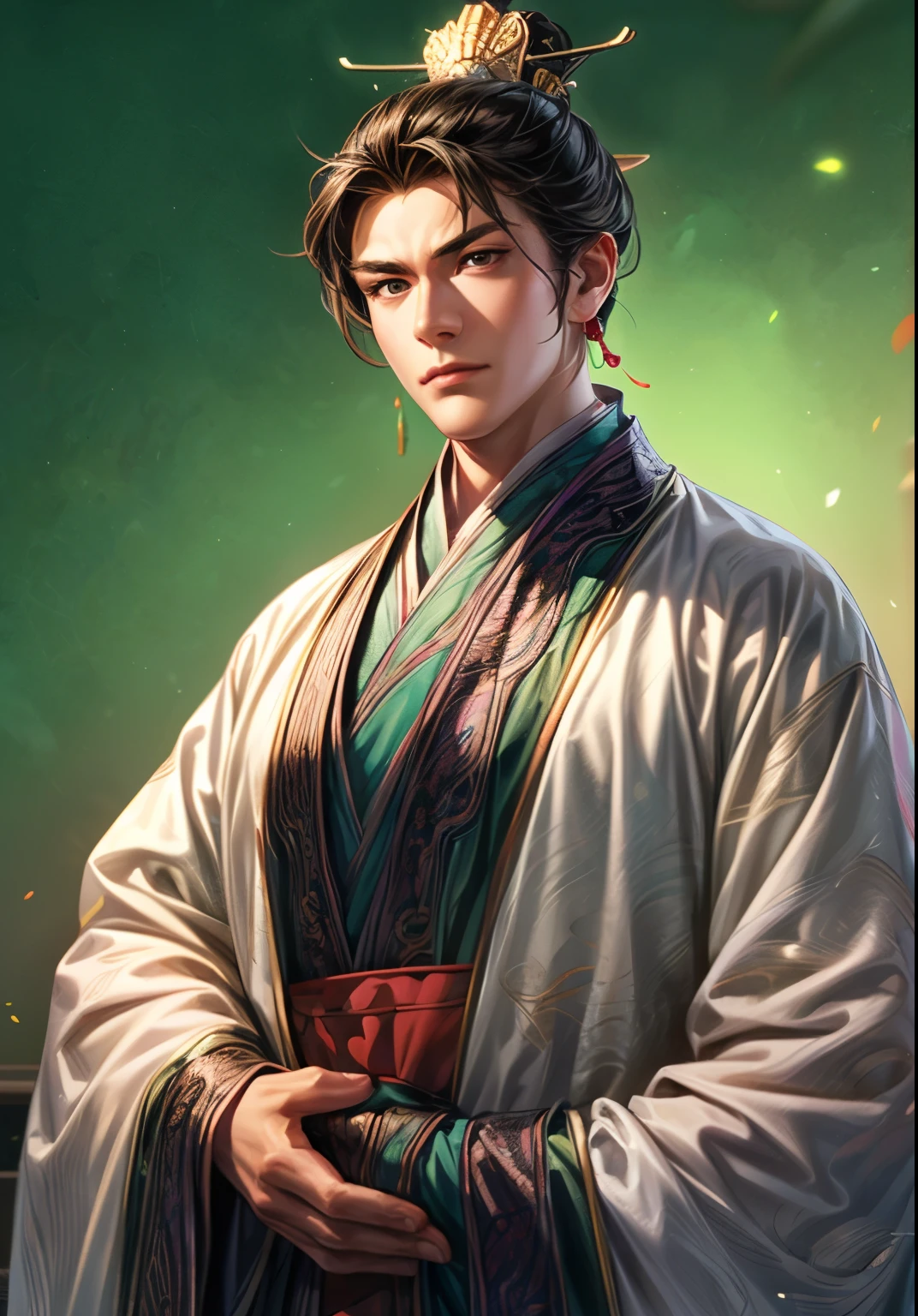 Han Dynasty Scenery 、Three Kingdoms、 FULL BODY、( top quality,4K,8k, high resolution ,masterpiece:1.2)、VERY DETAILED,  high resolution ,Hyper HD、  Studio Lighting  、 Ultra Fine Picture  、  sharp focus 、  physically-based rendering 、 VERY DETAILED explanation、 Professional、 Vivid colors、  Young Man Dressed in Traditional Chinese Painting Techniques、  atmospheric lighting、 Vivid colors 대비、VERY DETAILED目と顔、  Attention to Beautiful Details 、 Light on the face、young man wearing black Hanfu、(Hanfu: 1.2)、Eyes are green ,  is in perfect shape , (((ung man)))、 anatomically accurate 、 dynamic posture 、