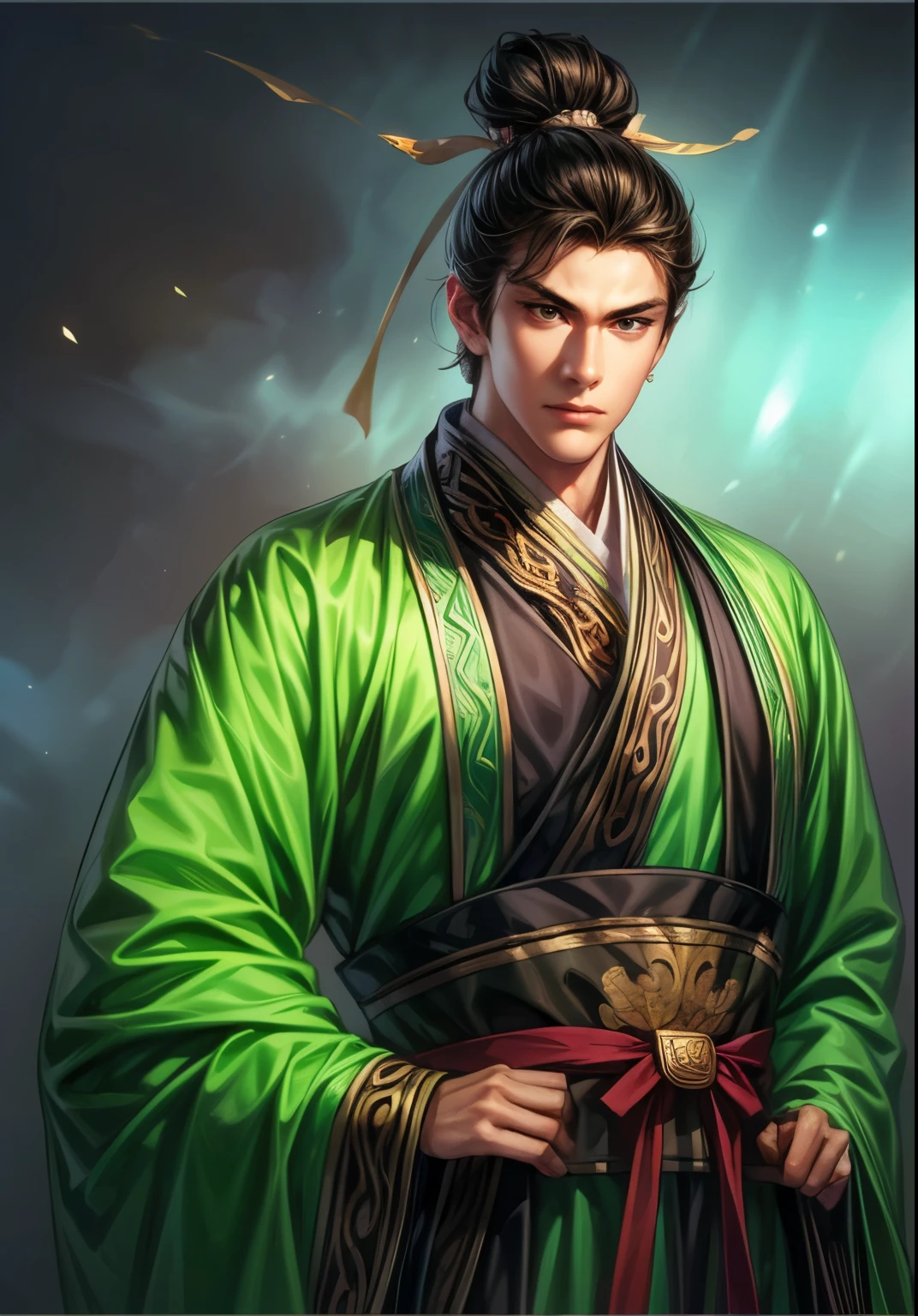 Han Dynasty Scenery 、Three Kingdoms、 FULL BODY、( top quality,4K,8k, high resolution ,masterpiece:1.2)、VERY DETAILED,  high resolution ,Hyper HD、  Studio Lighting  、 Ultra Fine Picture  、  sharp focus 、  physically-based rendering 、 VERY DETAILED explanation、 Professional、 Vivid colors、  Young Man Dressed in Traditional Chinese Painting Techniques、  atmospheric lighting、 Vivid colors 대비、VERY DETAILED目と顔、  Attention to Beautiful Details 、 Light on the face、young man wearing black Hanfu、(Hanfu: 1.2)、Eyes are green ,  is in perfect shape , (((1 young man)))、 anatomically accurate 、 dynamic posture 、