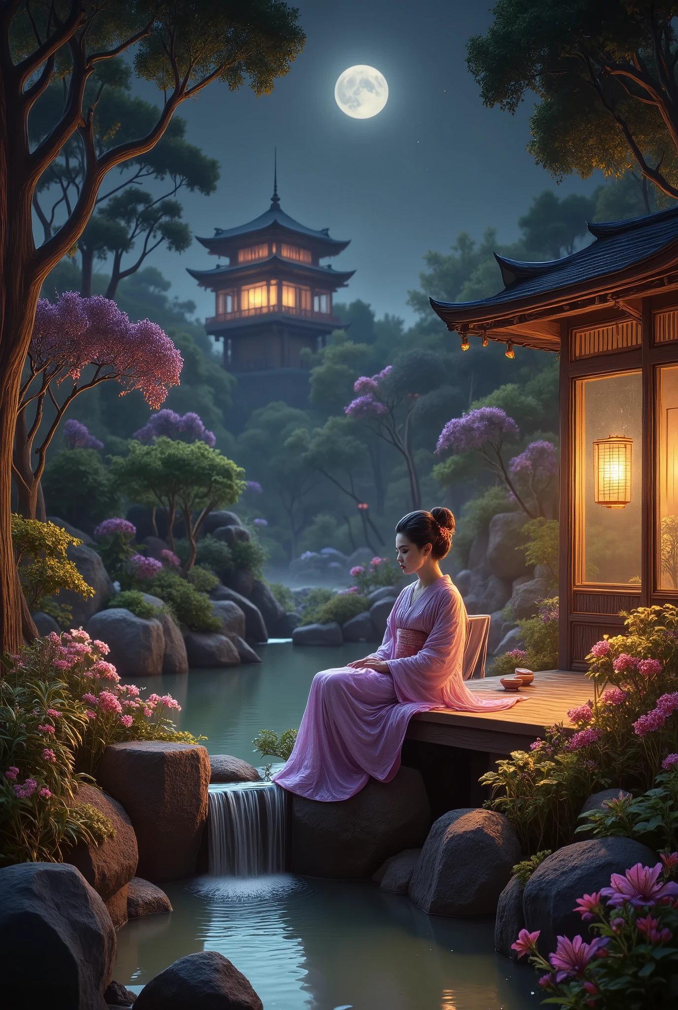 A captivating nighttime portrait of a beautiful young Geisha, seated gracefully by a tranquil Japanese rock pool. She wears a delicate, purple-hued translucent gown that shimmers in the moonlight, its fabric flowing like liquid gold. A small waterfall cascades gently into the pool, its soothing sound blending with the serene atmosphere.
She sits on a wooden veranda, surrounded by lush exotic plants and vibrant flowers, their colours vivid against the earthy rocks. In the hazy background, a traditional Japanese temple stands among meticulously cultivated trees and shrubs. Above, the full moon casts a soft, ethereal glow over the scene.
digital painting elegant masterpiece photorealistic very attractive high detail dynamic lighting fantastic view 4K 3D erotic sensual rules of third 4K 3D elegant digital painting high detail digital painting very attractive Wide angle, panoramic view amatory alluring, enticing