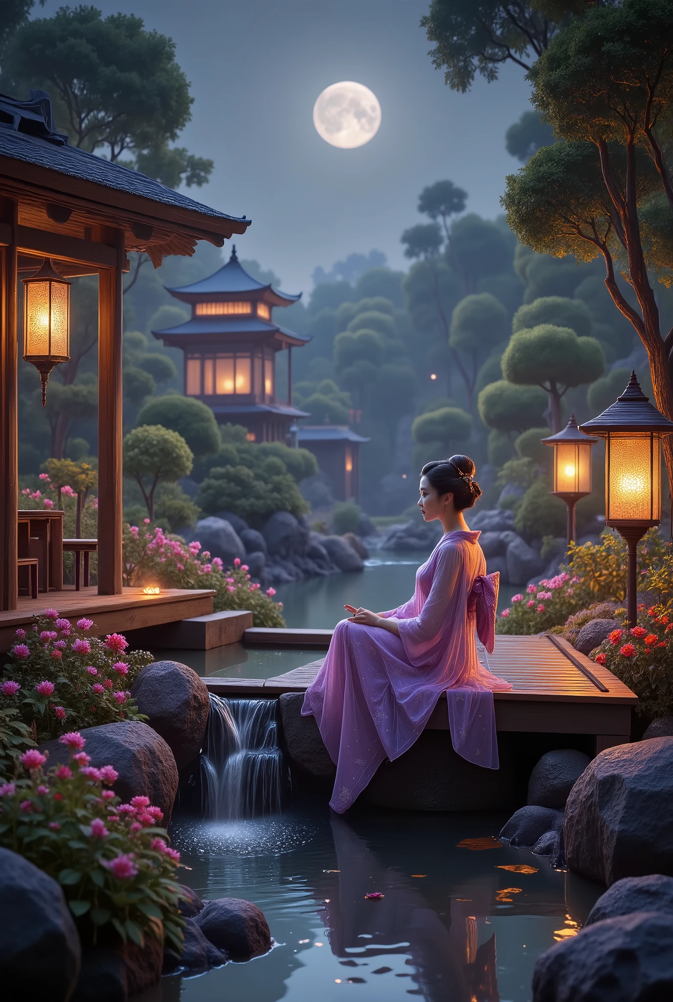 A captivating nighttime portrait of a beautiful young Geisha, seated gracefully by a tranquil Japanese rock pool. She wears a delicate, purple-hued translucent gown that shimmers in the moonlight, its fabric flowing like liquid gold. A small waterfall cascades gently into the pool, its soothing sound blending with the serene atmosphere.
She sits on a wooden veranda, surrounded by lush exotic plants and vibrant flowers, their colours vivid against the earthy rocks. In the hazy background, a traditional Japanese temple stands among meticulously cultivated trees and shrubs. Above, the full moon casts a soft, ethereal glow over the scene.
digital painting elegant masterpiece photorealistic very attractive high detail dynamic lighting fantastic view 4K 3D erotic sensual rules of third 4K 3D elegant digital painting high detail digital painting very attractive Wide angle, panoramic view amatory alluring, enticing