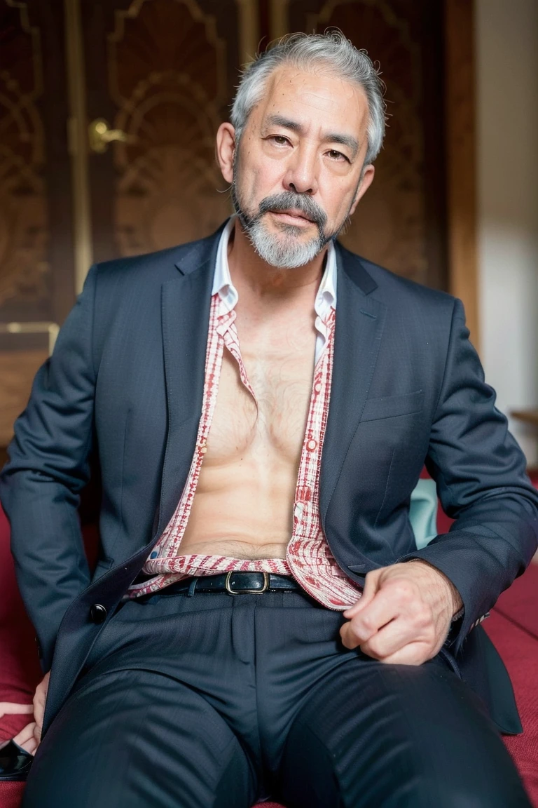 A young Thai grandfather with gray hair, a mustache, a muscular body, wearing bulging underwear sits on a wooden sofa.