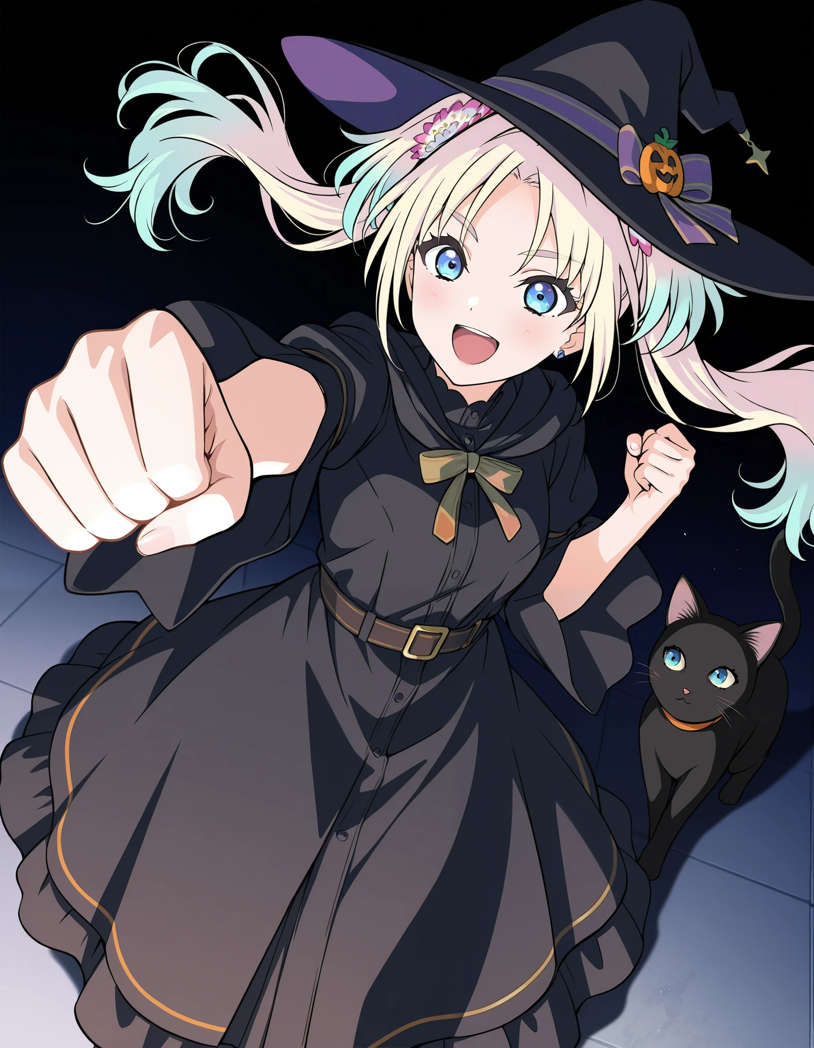 simple background,
1girl,solo,osawa rurino, link! like! love live!, blonde hair, long hair, blue eyes, hair ornament, multicolored hair, gradient hair, twintails, parted bangs, double twintails, cute,smile,open mouth,witch,witch hat,long dress,black dress,black cat,from above,raising fist,clenching fists,masterpiece,Noise Reduction,perfect anatomy,high resolution, ultra-detailed, ultra-detailed face,game cg,dutch angle ,beautiful detailed eyes,visualart,five fingers, perfect hands, perfect lighting,