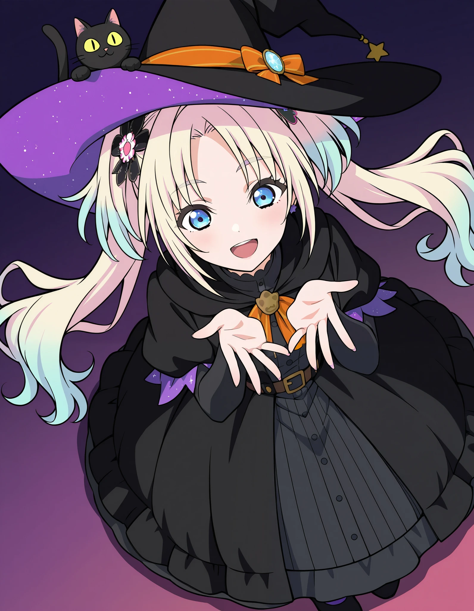 simple background,
1girl,solo,osawa rurino, link! like! love live!, blonde hair, long hair, blue eyes, hair ornament, multicolored hair, gradient hair, twintails, parted bangs, double twintails, cute,smile,open mouth,witch,witch hat,long dress,black dress,black cat,from above,masterpiece,Noise Reduction,perfect anatomy,high resolution, ultra-detailed, ultra-detailed face,game cg,dutch angle ,beautiful detailed eyes,visualart,five fingers, perfect hands, perfect lighting,
