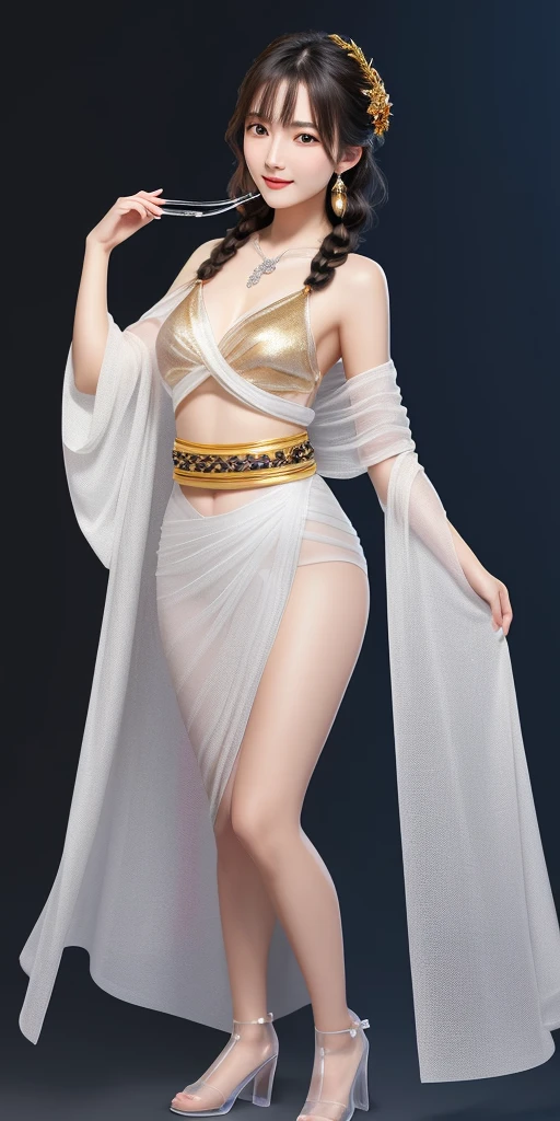 Singer Billie Eilish as the Desert Princess, Dancing Stars, broken light, Chief, temptress, desert, photo realistic image of the worlds most beautiful princess, long beautiful legs, amazingly perfect body, showing lots of tantalizing skin, super model status, wearing flowing soft silk white robe, off shoulder robe, see-through robe, perfect cleavage, exquisite, intricate in detail beautiful dark eyes, adorned with gold jewelries, desert background, cinematic shot, sundown silhouette, encompassing, fierce ,savage , and sultry, award winning image 8k 3d octane render, best possible lighting and professional photography