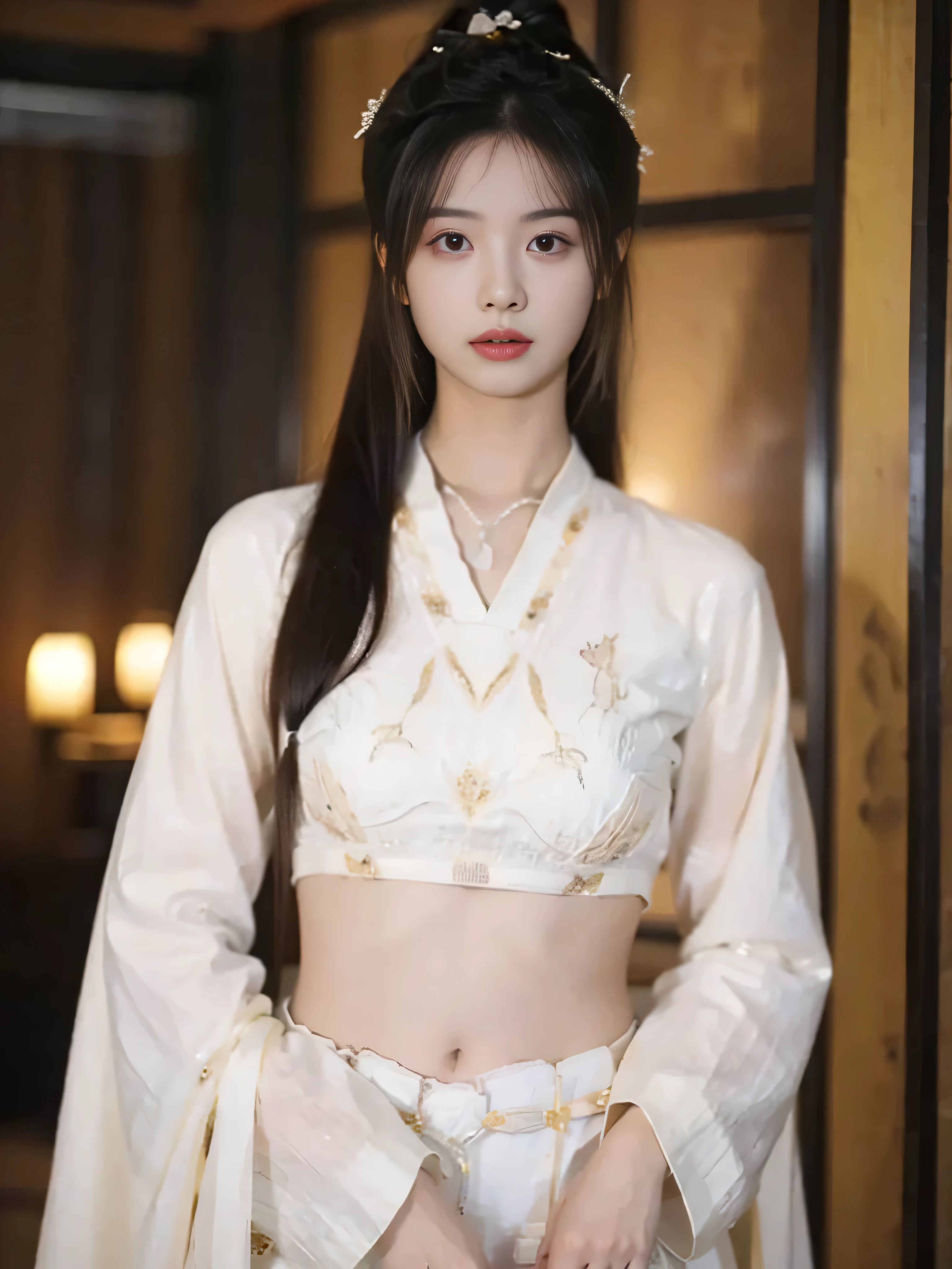a beautiful girl,Medium-length hair, full breasts ,A beautiful girl with a clear body outline , has no background,Hanfu