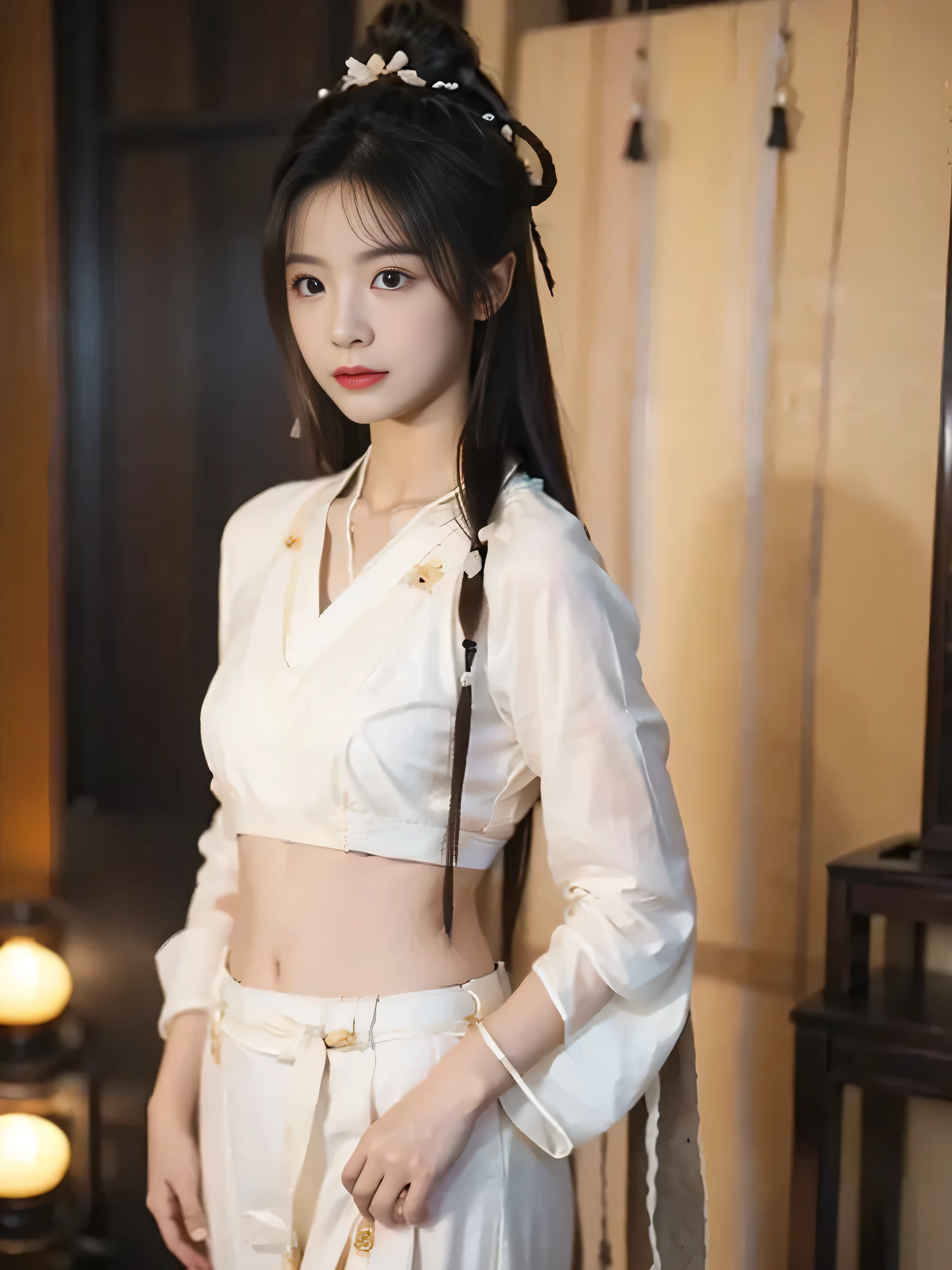 a beautiful girl,Medium-length hair, full breasts ,A beautiful girl with a clear body outline , has no background,Hanfu