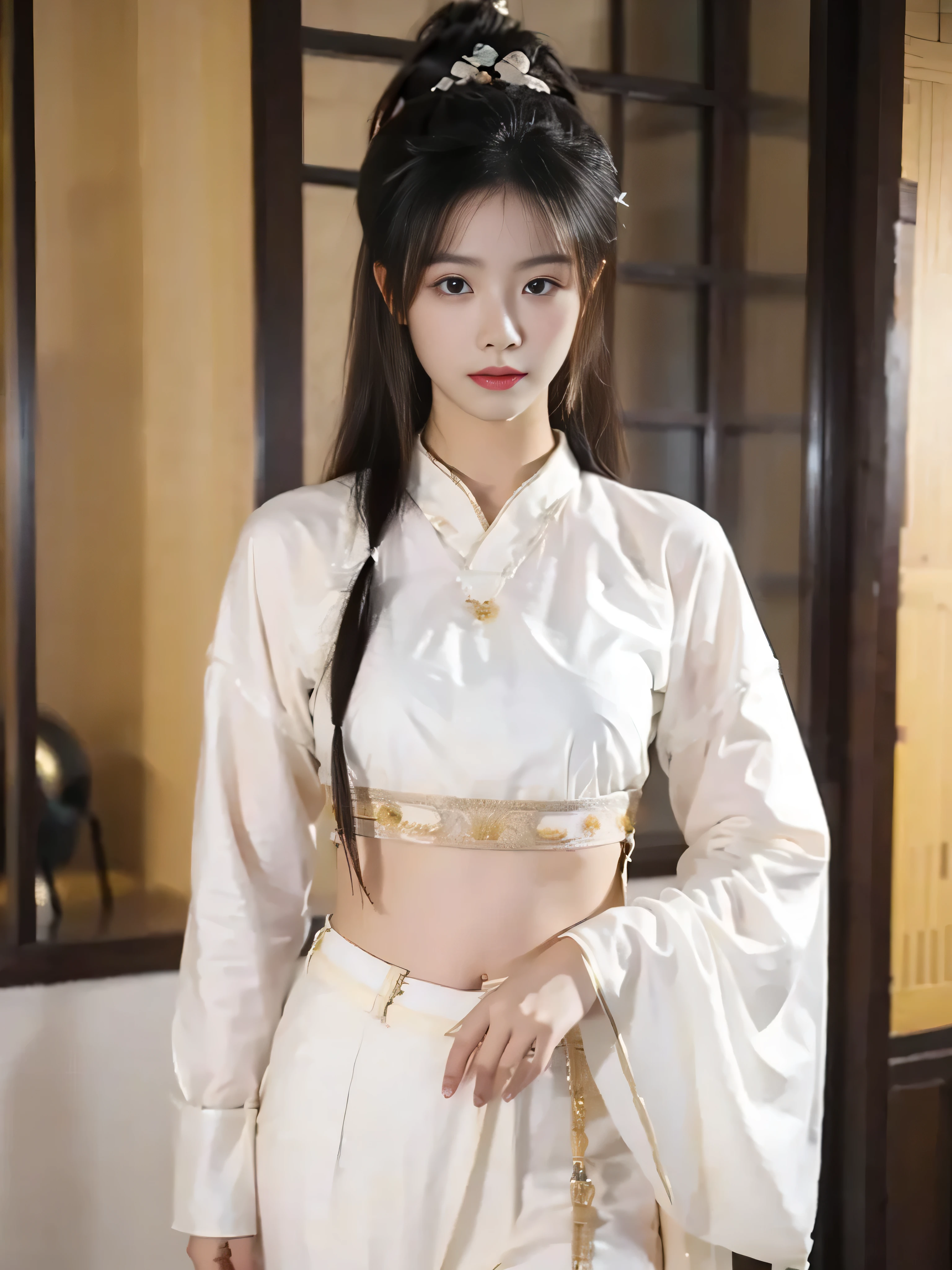 a beautiful girl,Medium-length hair, full breasts ,A beautiful girl with a clear body outline , has no background,Hanfu
