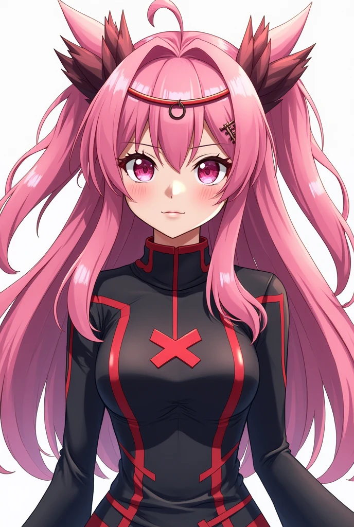 A stylized anime character standing in a front-facing position, with a surprised or confused expression. The character has large, round red eyes that are wide open, giving an intense and startled appearance. The hair is voluminous, black with vibrant pink highlights, styled into two large, messy pigtails that fan out dramatically, emphasizing the chaotic energy of the character. The character is dressed in a black, form-fitting turtleneck with a bright pink apron-like garment over it, creating a strong contrast between the dark and bright colors. The figure has a slender build with well-defined anatomy, featuring long, smooth limbs and a slight hourglass figure, maintaining a balance between stylization and realistic proportions. The art style is high-contrast, with bold black, white, and pink tones, utilizing sharp, clean lines and minimal shading. The character's facial features are sharp and defined, with a small nose and a slightly open mouth, further accentuating the expression of surprise. The overall visual is bold and striking, with a focus on the intense contrast and the dynamic pose of the character. The background is plain, ensuring that all attention is directed towards the character. The style is a mix of minimalism and boldness, with a strong emphasis on contrast and color saturation to create a visually impactful image, young woman, red hair, lolita hair, sardas no rosto, pale skin, smiling, in one storm city, wearing soldier outfit, moon in the background, 4k