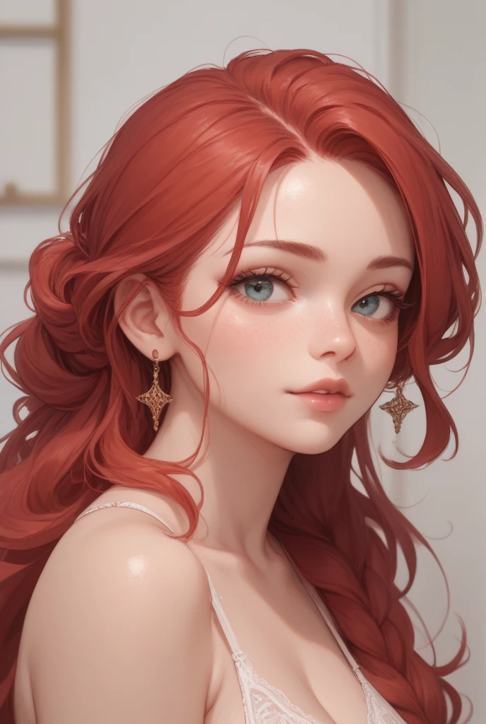 a close up of a woman with red hair and a white top, amouranth, better known as amouranth, young beautiful amouranth, with pale skin, redhead girl, red head, anna nikonova aka newmilky, she has long redorange hair, soft flawless pale skin, pale glowing skin, with red hair and green eyesMasterpiece, best quality,(Chinese style:1.3), (Hanfu:1.5),ahigh-definition,top quality,official art