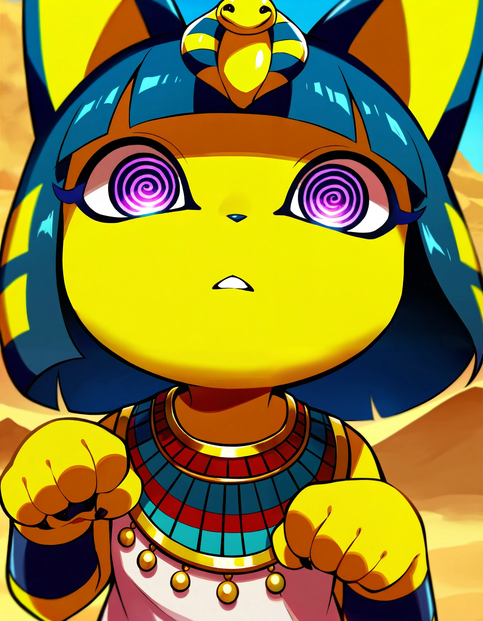 shadowillstyle, depth of field, 1girl, furry, ankha \(animal crossing\), expressionless, eye reflection, yellow background, yellow theme, blue background, desert, spiral eyes, purple eyes, glowing eyes, wide-eyed, paw pose, looking at viewer, close-up, parted lips,