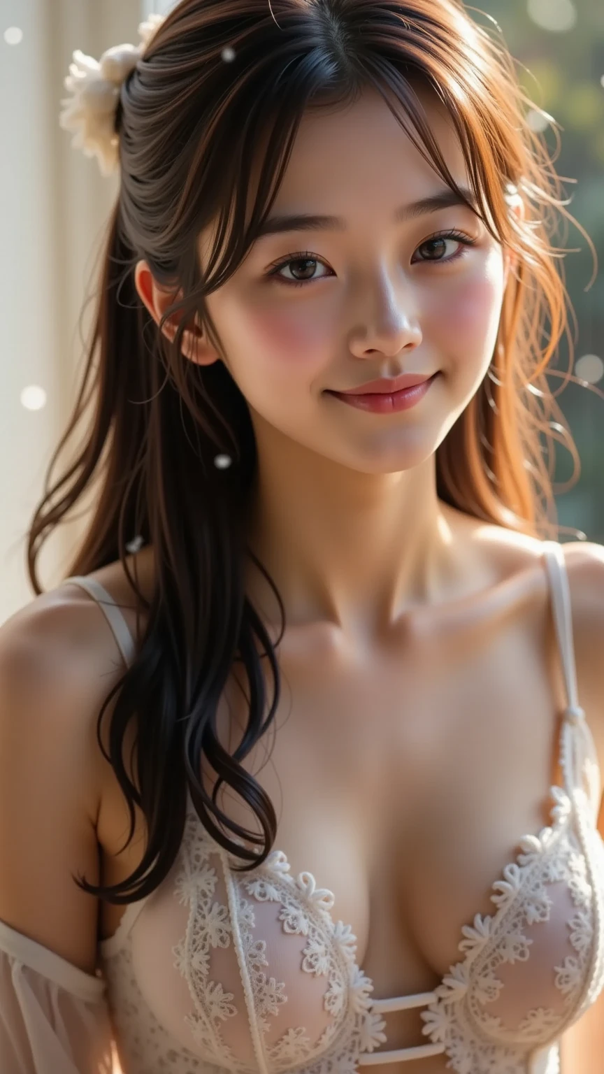highest quality, masterpiece, Ultra-high resolution, (Realistic:1.4), (Close-up portrait) RAW Photos, 1 girl, 22 years old,((Whitening))Slender body,Medium Chest,((Cream dress)),((Long hair with straight bangs)),((Tie your hair up)),((Looking up at the audience)), Realistic pictures,((Smiling with teeth showing)),