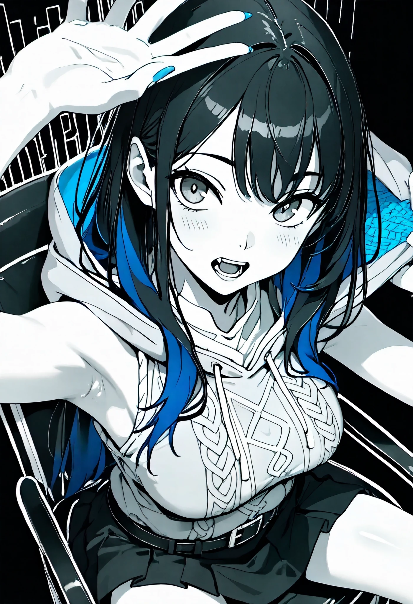 ultra detail, 8K High Resolution, ultra detail illustration, Sharp Shadow, Top Quality, upper arm, Shiny Skin, belly button, the above, Look up, sitting in a chair crossing legs , white skin, blue nails, slender body , Single women, 28 years old, black hair, long hair, Blue inner colored hair , medium sized breasts , ( sleeveless knit with a close-up view of the armpit: 1.6), (black belted skirt: 1.6), ( gray oversized hoodie: 1.6), ( Thin Thighs: 1.4), accentuated thighs , open your mouth wide, Beautiful Teeth, (black, Monochrome background: 1.4), detailed skin, stare at viewers, nsfw,