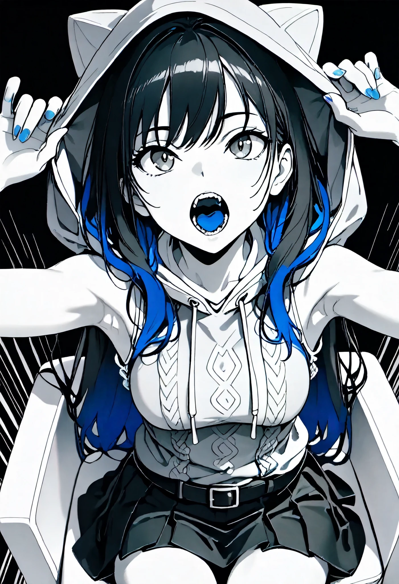 ultra detail, 8K High Resolution, ultra detail illustration, Sharp Shadow, Top Quality, upper arm, Shiny Skin, belly button, the above, Look up, sitting in a chair crossing legs , white skin, blue nails, slender body , Single women, 28 years old, black hair, long hair, Blue inner colored hair , medium sized breasts , ( sleeveless knit with a close-up view of the armpit: 1.6), (black belted skirt: 1.6), ( gray oversized hoodie: 1.6), ( Thin Thighs: 1.4), accentuated thighs , open your mouth wide, Beautiful Teeth, (black, Monochrome background: 1.4), detailed skin, stare at viewers, nsfw,