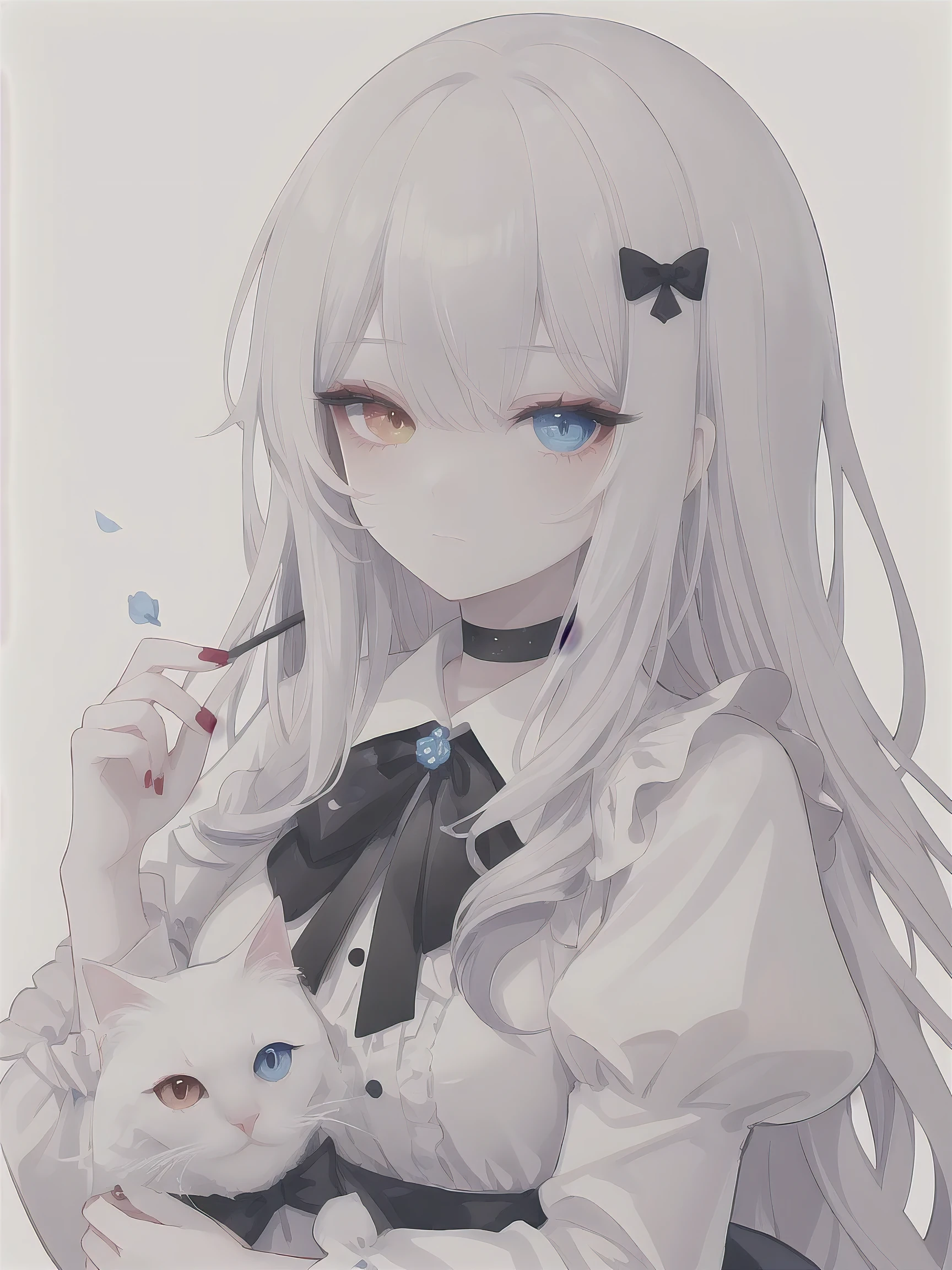 1 girl, heterochromia , White background, long hair, red nails, blue eyes, simple background, White cat, Long Sleeve ,bangs, upper body,Alone,bow, nail polish, with red eyes, holding cat,Gray Hair, holding animal, puff sleeve that fits inside,black bow, Closed Mouth, holding, Rose, choker,frills,white dress, is staring at viewers,bowtie, color,ribbon,Blue Flower,black ribbon,