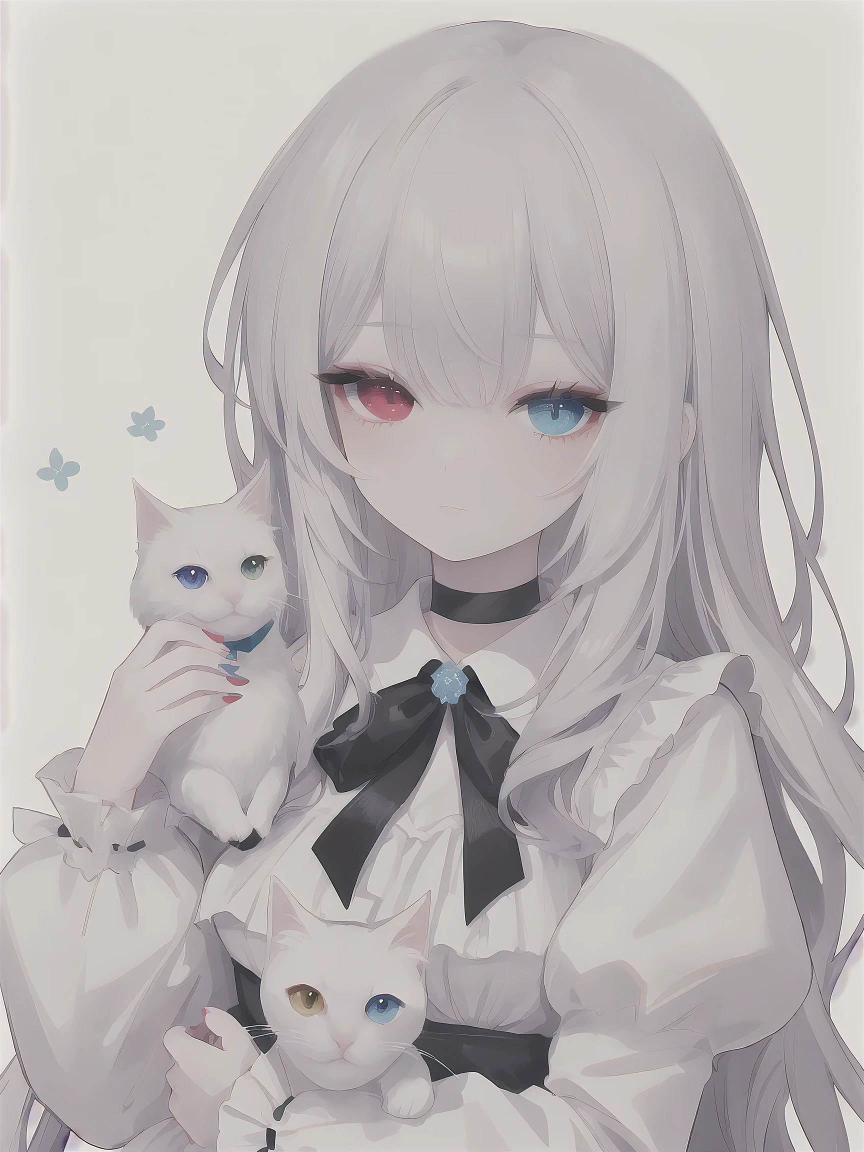 1 girl, heterochromia , White background, long hair, red nails, blue eyes, simple background, White cat, Long Sleeve ,bangs, upper body,Alone,bow, nail polish, with red eyes, holding cat,Gray Hair, holding animal, puff sleeve that fits inside,black bow, Closed Mouth, holding, Rose, choker,frills,white dress, is staring at viewers,bowtie, color,ribbon,Blue Flower,black ribbon,