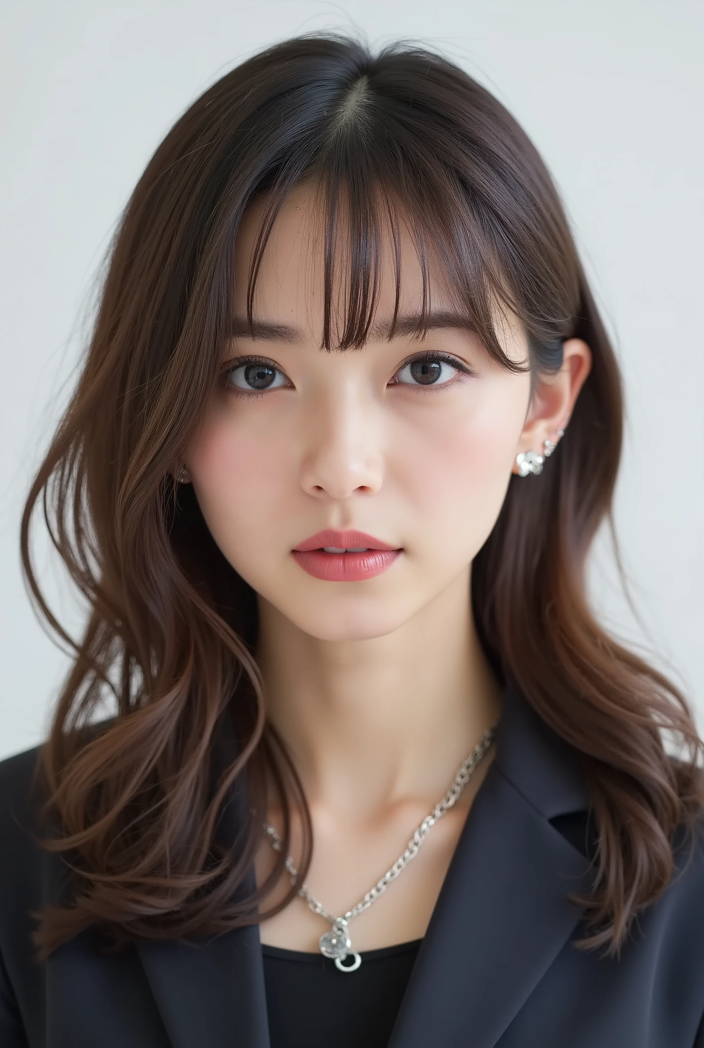Beautiful Japanese Woman 、、 She is wearing an office lady suit、濃いeyeshadow 、Hairstyle: Medium long、wavy hair 、 Light Brown Hair 、ear piercing、 Empty Expressions 、 necklace、 white backgr