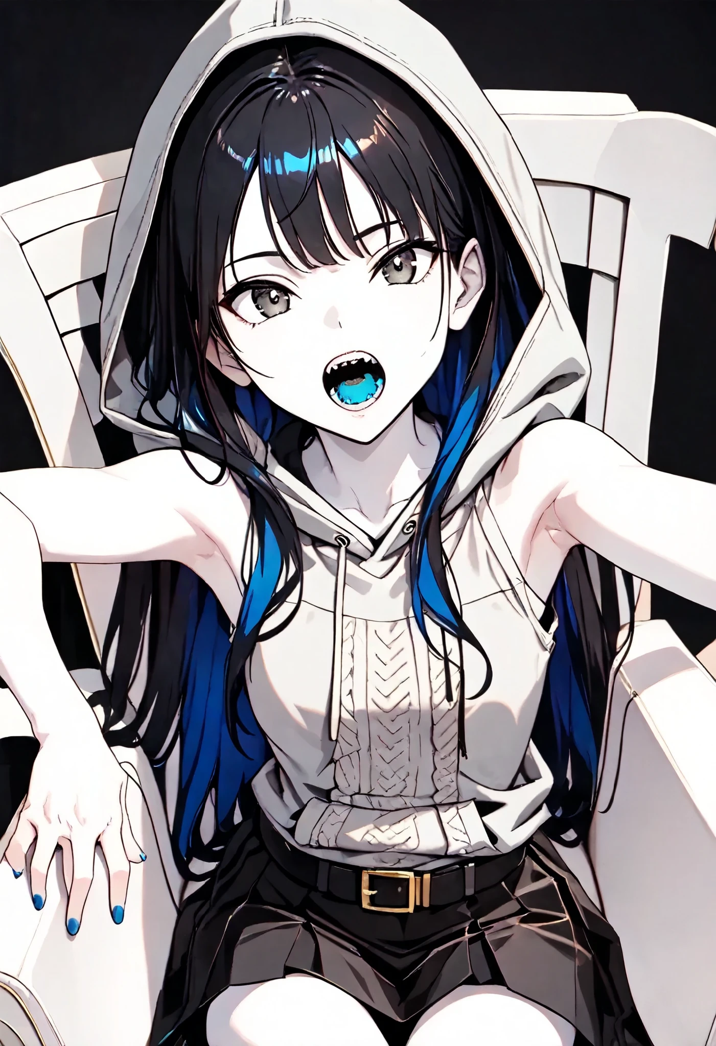 (black, Monochrome background: 1.4), ultra detail, 8K High Resolution, ultra detail illustration, Sharp Shadow, Top Quality, upper arm, Shiny Skin, belly button, the above, Look up, sitting in a chair crossing legs , white skin, blue nails, slender body , Single women, 28 years old, black hair, long hair, Blue inner colored hair , medium sized breasts , ( sleeveless knit with a close-up view of the armpit: 1.6), (black belted skirt: 1.6), ( gray oversized hoodie: 1.6), ( Thin Thighs: 1.4), accentuated thighs , open your mouth wide, Beautiful Teeth, detailed skin, stare at viewers,
