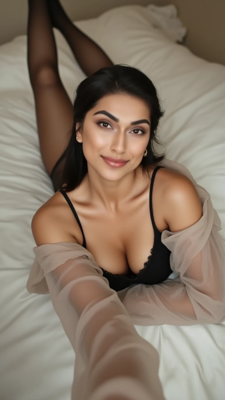 A Curvy pakistani girl wear black bra , looking_at_viewer, smile,realistic, necklace, earrings, cleavage_cutout, on bed ,full portrait of girl, navel , legs, larger breasts