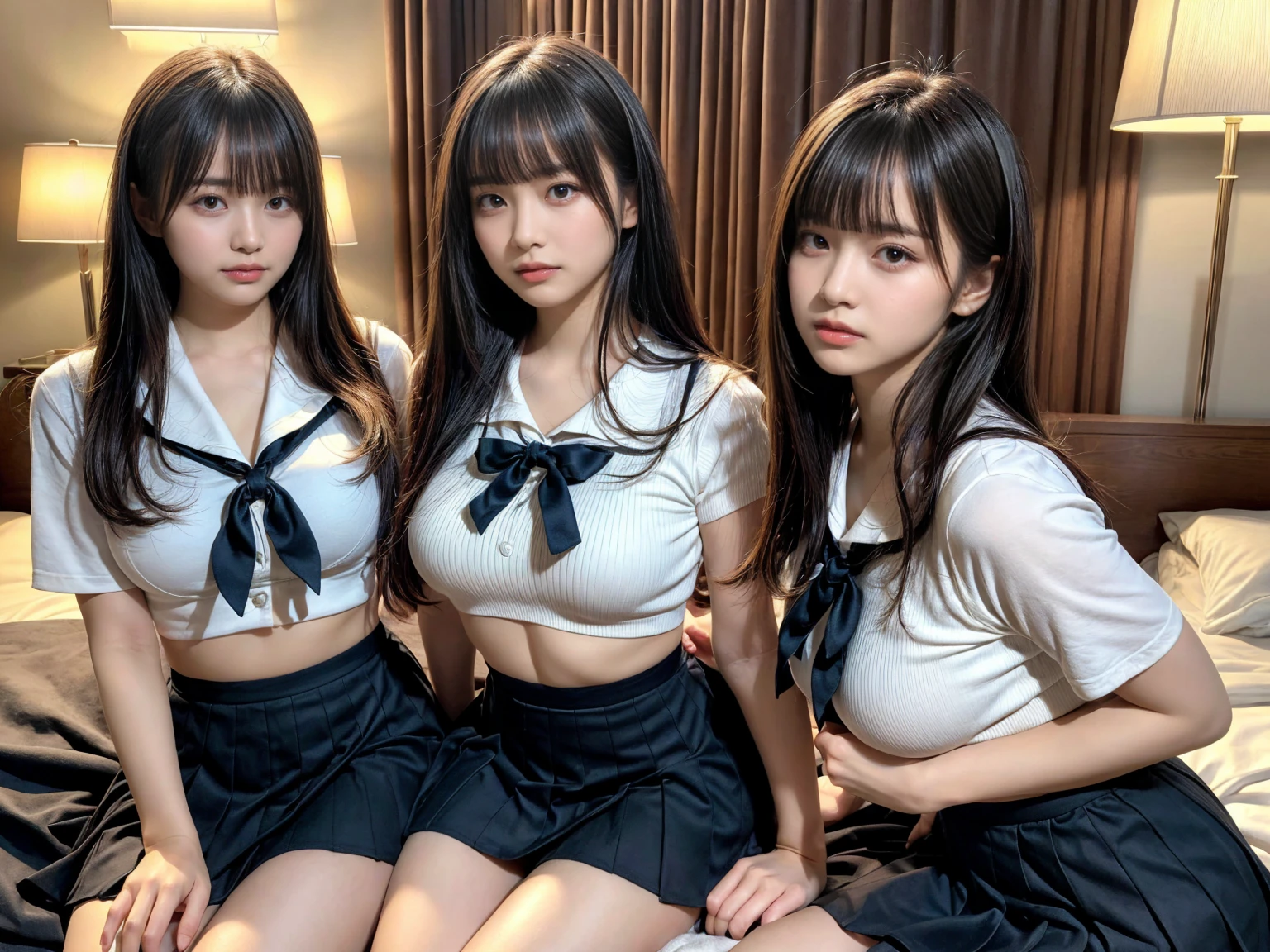 masutepiece、Ultra High Quality、Perfect Anatomy、hight resolution、2 girls in、(Face each other and press chest to chest:1.8)、Shoot from above、(((short-hair)、Beautiful black hair))、(Beautiful eyes、A detailed eye、drooing eyes、Natural eyeedium tits:1.8)、((Beautiful legs、((Closed legs))、(Hands between the legs)、(Chest between arms)))、((School uniform、(Tight white blouse shirt:1.4)、(Plaid miniskirt)、(bowtie)))、hi-school girl、The background is a luxury hotel room))