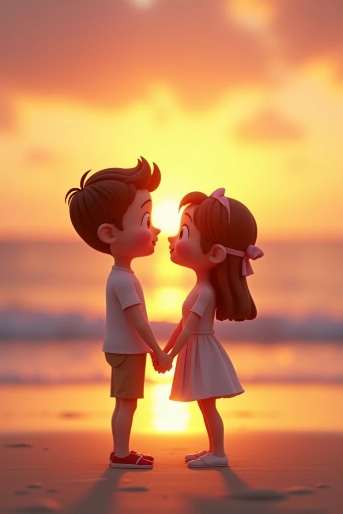 A boy wearing a white t shirt with a text on his tshirt " shifa's" and a girl in a white tshirt and denim skirt, with a text on her tshirt "ali's" , holding eachothers hand and looking at eachother eyes with love , sunset background