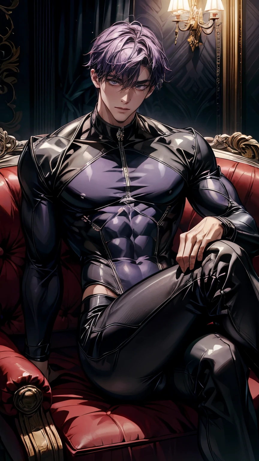(One beautiful handsome man), (purple short hair), well-focused beautiful eyes, Beautiful double eyelids, pointy nose, glowing skin, muscle, men's black rubber suits, bulge between the legs, strong body, lascivious smile, Sit with your knees up, bsdm-room, Luxurious sofas, Digital painting, 16K, Best quality, masterpiece, ultra-detailed, medium shot, anatomically correct