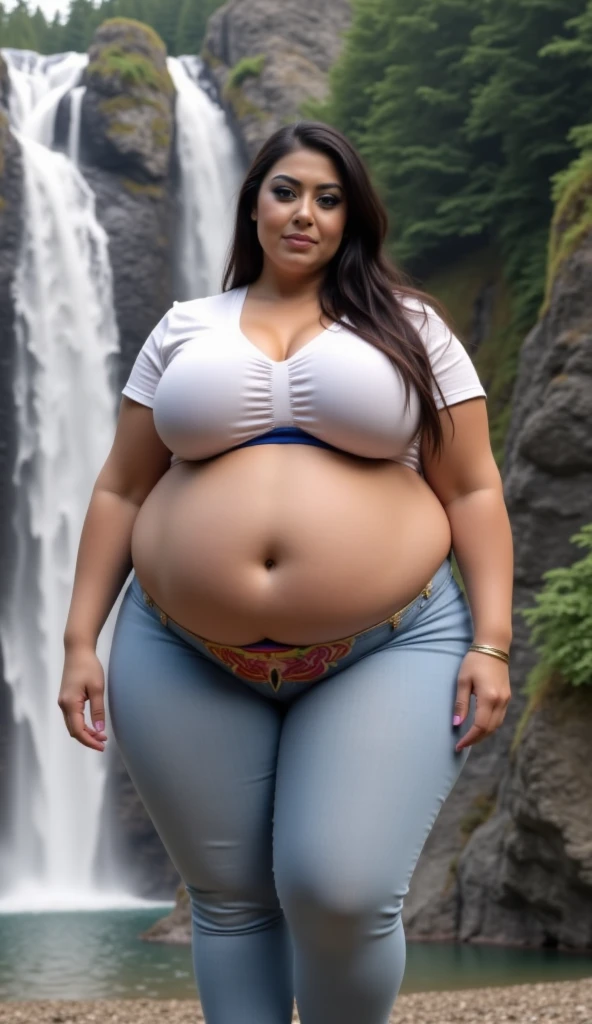 Full body shot of 1 beautiful woman, face like Demi Moore, adult, large body, voluptuous woman, very long straight hair, brunette hair, outlined eyelids, made-up eyelids, turtleneck sweater, scarf, neckline, blue midi denim skirt, high heeled platform boots, walking along beach, smiling at me, gigantic breast, curvy hourglass figure, oppai proportion, heavy exaggerated proportions, huge pregnant belly