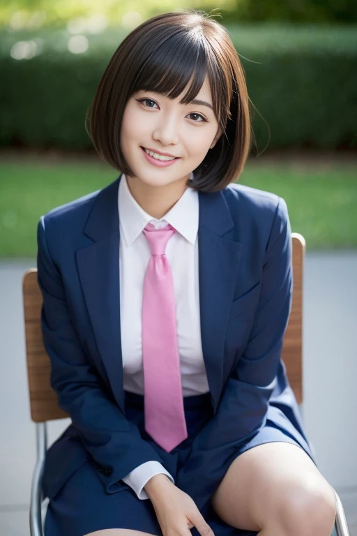 Cute high school girl squatting in the school classroom，red tie uniform,Dark Blue Closed Blazer,Super super super mini skirt with blue plaid pattern:1.2,18-year-old,best smile,thighs,knees,pretty girl，slender girl，Blonde short cut with side waves:1.4，wear cute sneakers，white panties:1.5，