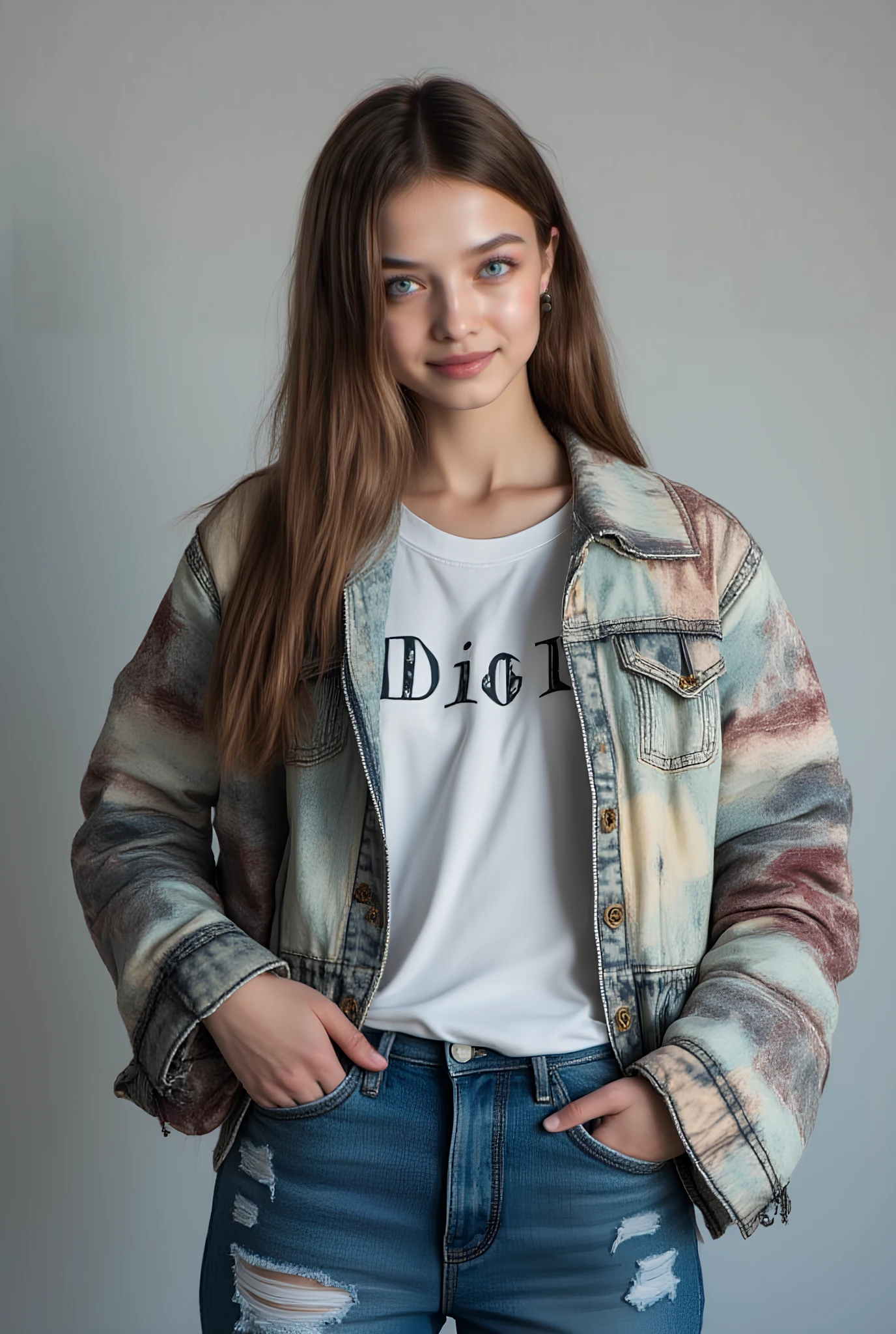 Arafed woman in a white shirt and a denim jacket - SeaArt AI
