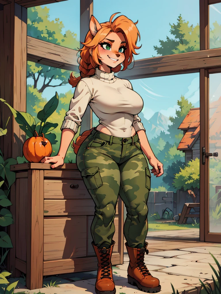 Cozy autumn atmosphere, , the forest, autumn , Girl in sweater, ,trousers, army boots, furry anthro bandicoot, seductive facial expression wide grin , hands to pants, dynamic pose,