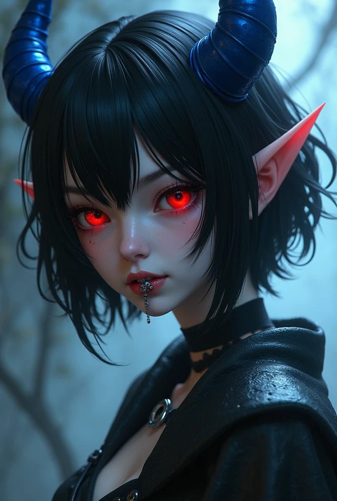 She is a 22 year old girl with elf ears, one small fangs, blood-colored eyes and pupils similar to those of wolves, hair black as night,but with silver locks, short to the neck and wavy. an all-black military camouflage suit, a cold and serious personality