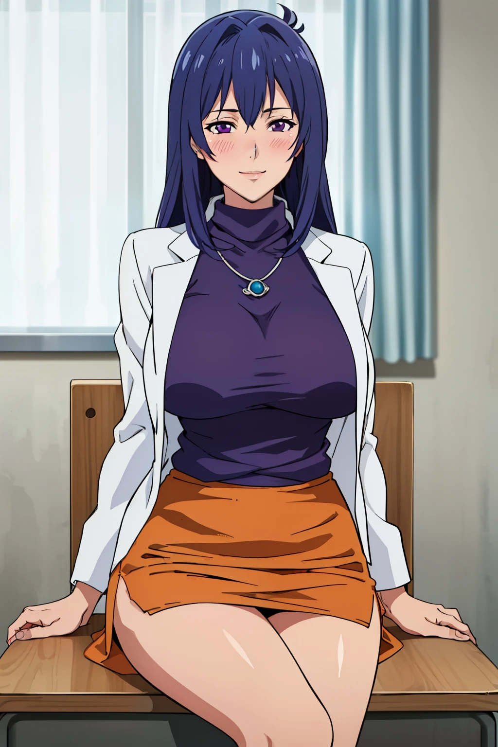 (sitting on chair), necklace, (pink turtle neck knitwear), white lab coat, orange pencil skirt, at medical room, pink curtain, Nijou Aki, 27 yo, mature women, anime cels style, best quality, high resolution, (large breasts:1.3), cowboy shot, blush, smiling, (purple eyes), blue hair