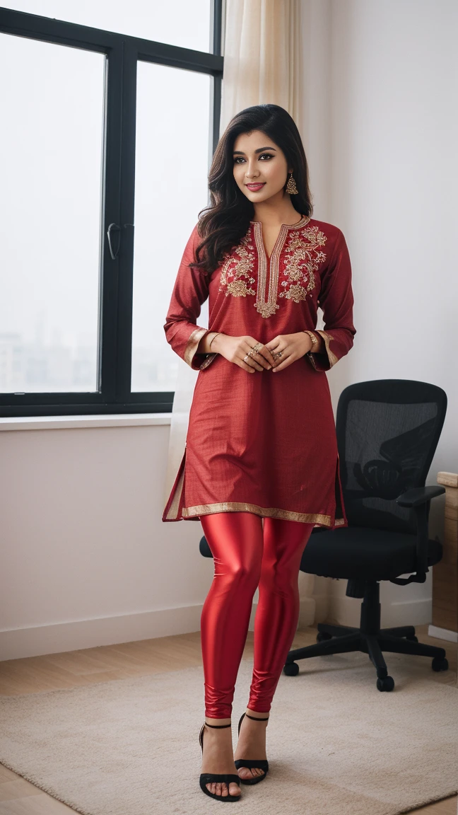 (girl in office room, luxurious office room, girl in office working pose),
(((Full body shot))), (Indian babe), (sitting position), (girl sitting on chair and work on table), ( (looking at viewers, front view shots), (masterpiece, hyper realistic, hyper detailed, photorealists), 1girl, 20 years old girl, 16k, FHD, UHD, high quality pictures, extremely detailed, candid brightness, candid shots, extreme detailed, colorful, highest detailed, (iconic picture shot, perfect brightness, perfect contrast, perfect colour), (pretty face, iconic face), (detailed face, detailed eye, detailed lips, detailed neck, ultra realistic face, ultra realistic eye, ultra realistic lips), (attractive hair style, detailed hair style), (sagging perky breasts, perfect rounded breasts, attractive breasts), (attractive body figure, perfect body figure, perfect figure, curvy_figure attractive, hourglass body), (beautiful High heels, fancy high heels),
(beautiful girl in Indian outfits),
(beautiful and aesthetic),
((Masterpiece straight-line kurta, luxurious kurta, iconic kurta), (fancy A-line kurta), (embroidery red kurta), iconic kurta, flared kurta, long skinny sleeves, ruffled kurta, fancy leggings, embroidery leggings, iconic leggings), ,., , ,