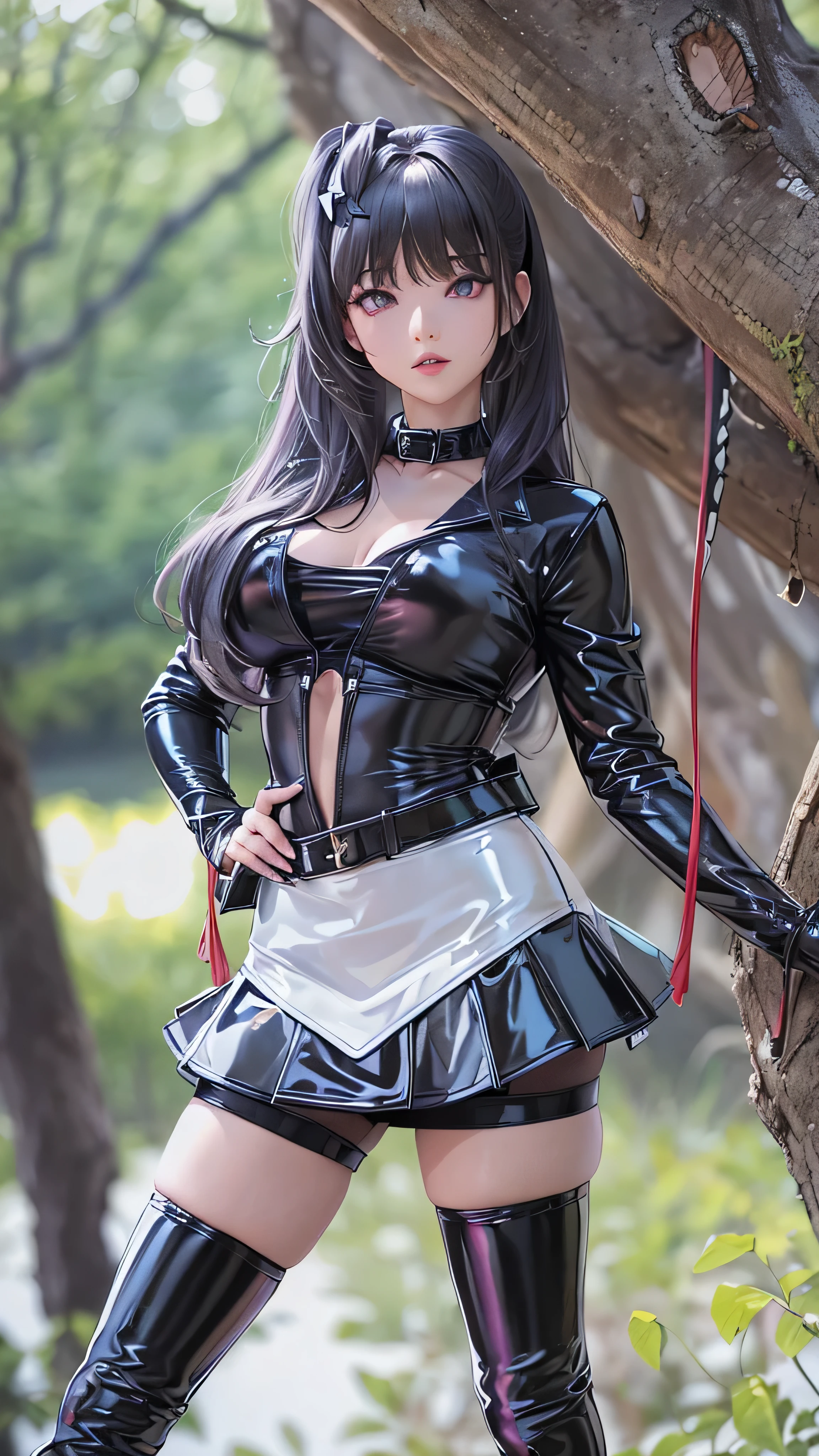 highest quality，masterpiece，High resolution，(beautiful face)，looking at the viewer，Are standing，（（Half body）），（（White vest）），（（black leather skirt）），gloved hands，right arm hanging down