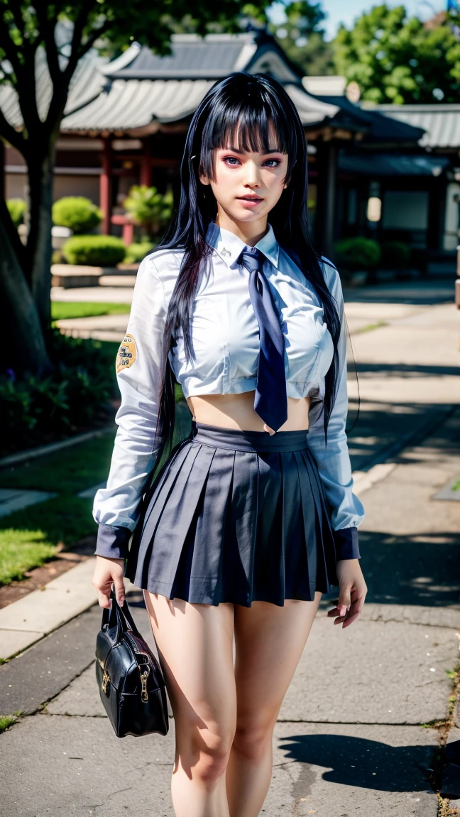 Caucasian woman; ((black hair)), wavy hair, long hair, updo hair; blue eyes, lined eyes, ((highlight eyes)), shiny eyes; red lipstick, makeup; smile; (athletic body), medium breasts, nipples; (((legs))), ((nude legs)); (Navy blue jacket); (((Navy blue top))), (((Navy blue skirt))), (((short skirt))), black stockings; in the park; ((back)), buttocks, ass, (back view). 