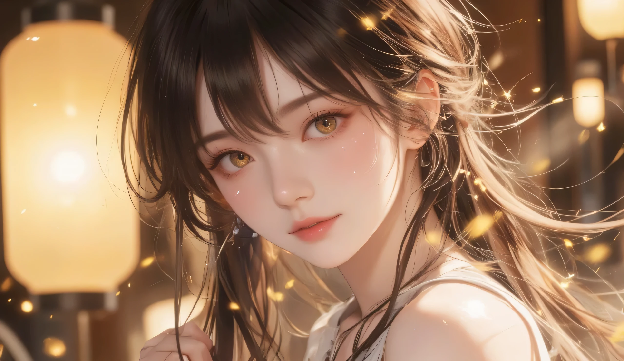 A highly detailed anime-style close-up portrait of a beautiful young woman with long, flowing brown hair that cascades naturally around her face and shoulders. Her hair is slightly tousled, with individual strands catching the soft ambient light, creating a silky and realistic texture. She has large, mesmerizing golden-yellow eyes with intricate light reflections, adding depth and emotion to her gaze. Her pupils have a soft, glowing effect, and her delicate eyelashes are finely detailed. Her fair skin has a smooth, porcelain-like quality with a subtle rosy blush on her cheeks, giving her a warm and gentle expression. She wears a simple yet elegant white sleeveless top, blending harmoniously with the warm, golden lighting. The background is softly blurred, featuring a warmly lit interior with out-of-focus hanging lanterns emitting a golden glow. Tiny glowing particles float subtly in the air, enhancing the dreamlike and serene atmosphere. The color palette is predominantly warm, with golden, amber, and soft brown hues, creating a cozy and inviting ambiance. The overall composition is balanced, with the subject positioned slightly off-center, making her gaze the focal point. The lighting is soft and diffused, highlighting the contours of her face while maintaining a delicate and ethereal feel. Rendered in a high-quality anime digital painting style with ultra-detailed line work, refined shading, and a semi-realistic approach to textures. The image is characterized by smooth gradients, soft lighting transitions, and intricate hair detailing, creating a breathtaking and immersive aesthetic.