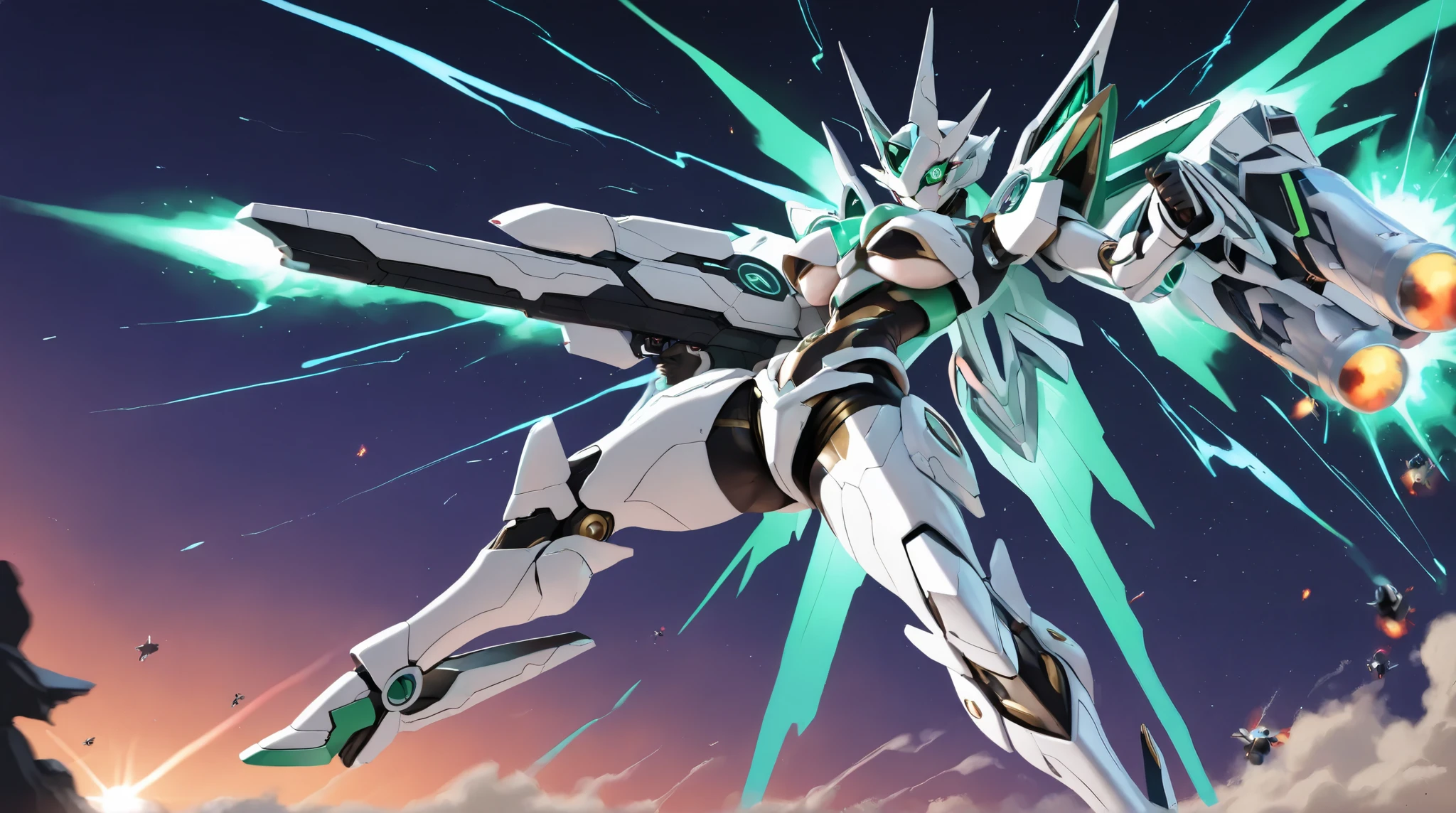 (( top quality)),( super high resolution),( very detailed from outside the window),( detailed explanation ),(( best CG )),( Best Artwork ), Ultra-precise art, amazing painting art that sticks to the body,(Exquisite art:1.5), Female Robot , emerald green shining mecha eye, curvy mechanical body, iridescent energy waves, Air Intake , Lumbar Mega Cannon, is flashy colored, small missile fired from her leg, flying light,