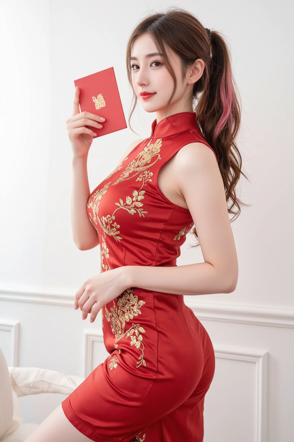 whole body,Standing,A woman wearing sexy red cheongsam with golden dragon pattern、Sexy,Big are plump,Close up of woman wearing red lipstick, Chinese, Chinese traditional, cheongsam, Chinese Princess, Red Phoenix Cheongsam, (whole body照:1.4), (Clear focus:1.2), Makeup, Red lips, Brown hair, thigh, Medium chest, Medium-sized model with big tits Standing in a professional and very cute pose,Background is green screen,Hair up,Ball head,Female Celebrities,Fair skin,,Oval face,Gentle and lovely,Smile sweet,thin,(front),(Tilting your head),Look directly into the camera,Clear eyes,Wet red lips,sweet,Sexy V-shaped big ,Casino Baccarat VIP luxury tight Sexy red golden dragon phoenix cheongsam,VIP Casino Dedicated Dealer,This photography scene shows ultra-high-definition visual effects, This scene is presented with superb photography techniques,The true texture of skin pores is clearly visible,Adds a sense of reality。 Award-winning photography posters、Top 10 Photography、HD Photography、4K、8K