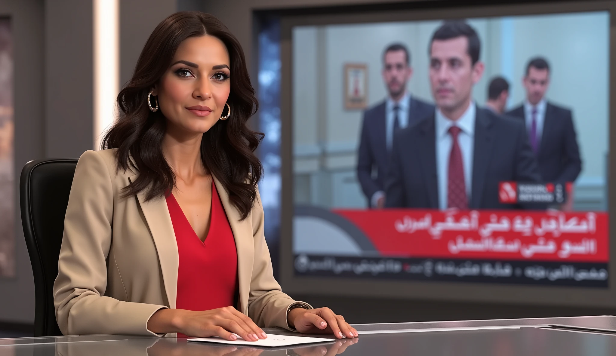 Writing letter "Al Jazeera News", with Al Jazeera TV logo mark, left upper screen, Side view, Full body, left sitting on chair, hands on table ,right big TV monitor in Al Jazeera NEWS, talking news, female news anchor, 1 beautiful Turkish women ,30-age, (dark brown curl middle hair, fringe, pearl earring hard make up, smile) ,(D cup breasts, middle hip), (red elegant blouse, beige one button Jacket, put micro mike), (beige middle skirt, black pantie stocking, brown hi heal) , paper on desk, Qatar Studio, back looking big monitor in foreign News video, with Arabic subtitles running at the bottom of the screen,(super detailed, High Details , High Quality , Accurate, anatomically correct , textured skin, beautiful fingers super detailed, High Details , High Quality , High Quality )