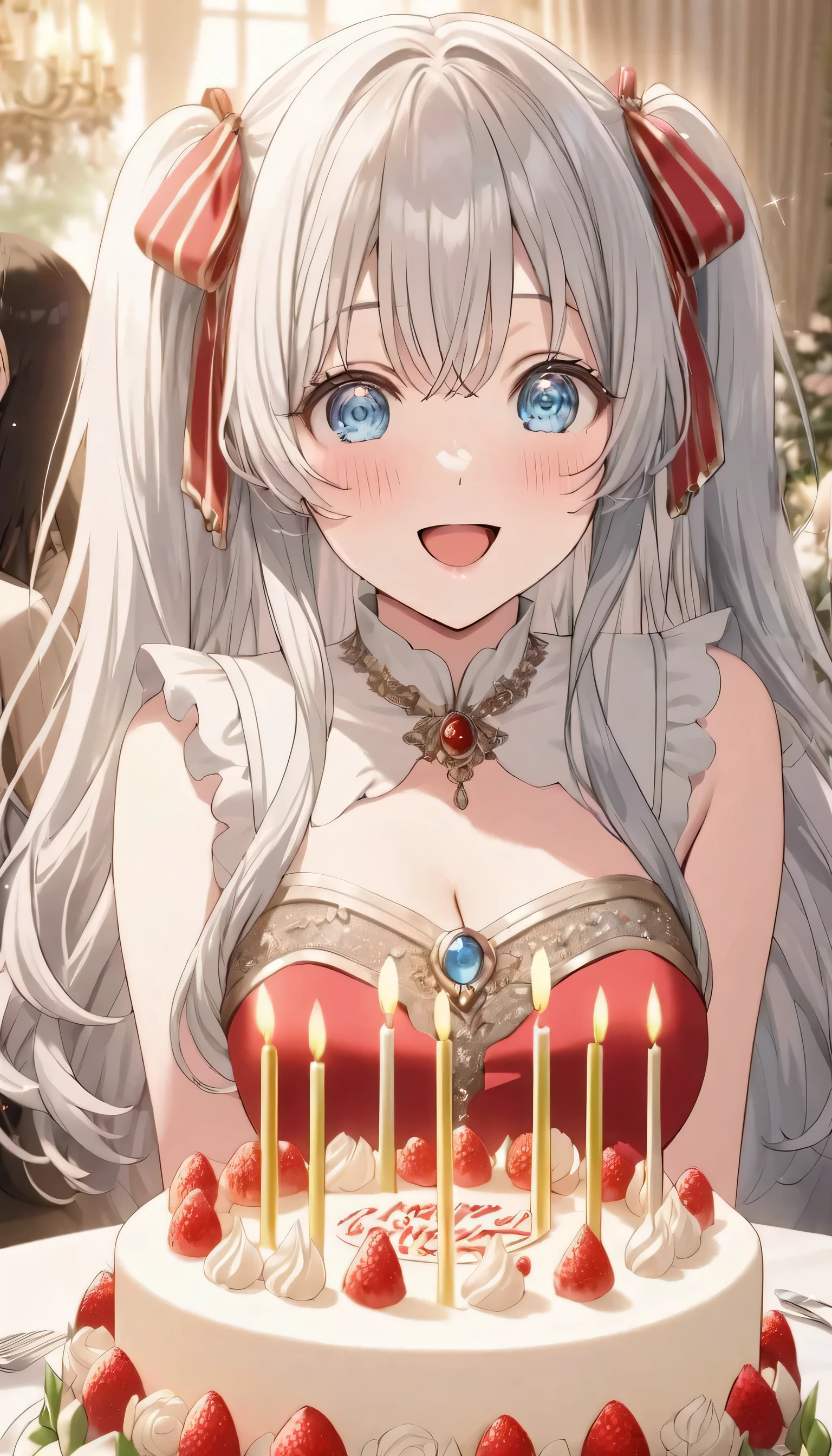 ((ultra-detailed)), (highly detailed CG illustration), (best quality:1.2), ultra-highly detailed, colorful composition, artistic photoshoot, 1girl, solo focus, ((upper body:1.4)), moe anime character, girl, dainty facial structure, (bab(round face), ((rounded chin:1.2)), ((ideal ratio body proportions)), celia-default, celia claire, (blue eyes), sparkle eyes, silver hair color, two side up, ((hair ribbon with red)), ((red semi formal dress with gold decorations)), ((surprised)), ((excited)), (happy), (joyful), (open mouth), ample breasts, best quality, masterpiece, ((birthday cake on the table:1.4)), best quality, masterpiece, ((sitting in a luxurious decorative room at the birthday party)), from front, expecting, pink cheek, blush, light pink gloss slip, portrait, depth of field, soft lighting, sidelighting, (shine), lighting, caustics, ray tracing, smile, perfect face, lustrous skin, highly detailed face, highly detailed eyes, perfect face, perfect nose, perfect hair, perfect eyes, perfect anatomy, beautiful hair, beautiful small face, extremely detailed face, beautiful detailed eyes, beautiful clavicle, beautiful body, beautiful huge breasts, leavage, breasts squeezed together, equalize the size of the left and right breasts, beautiful fingers, 4 fingers, 1 thumb, lovely, (very detailed background:1.0), (highly detailed background:1.0), spring aesthetic, intricate details, festive atmosphere, joyful atmosphere, spring colors palette, chromatic aberration