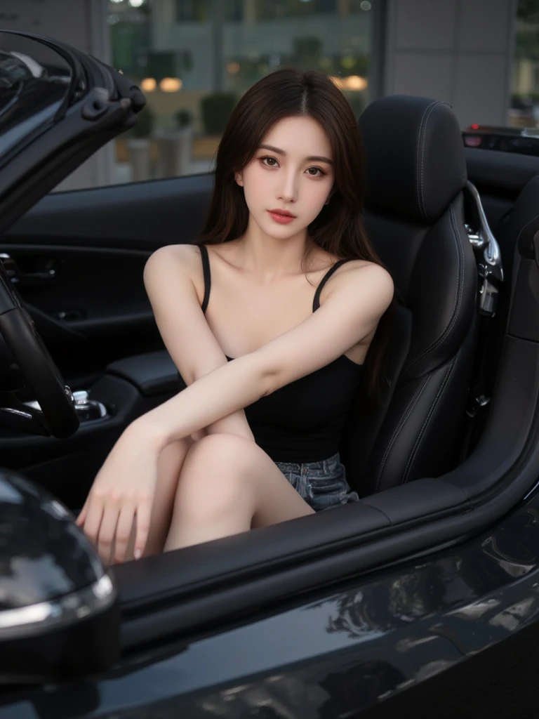 ({Only one woman}:1.2):Long black hair that falls to the shoulders,shiny glistening eyes)1.3),((Show sexy poses in front of a Lamborghini,looks at the viewer,Smile with):1.3), \n,mediuml breasts,Tall female,Wear designer sneakers、Street View、Supercar、Beautiful legs,Luminous eyes,Blushlush,Perfect body,As thin as a whipping post,best qulity,ultra-highresolution,(Realism:1.4),1girls,off the shoulder shirt,Black tight skirt,Black collar,(Faded gray hair:1),(enormous breasts:1.2),looks at the viewer,close-up of the private parts,